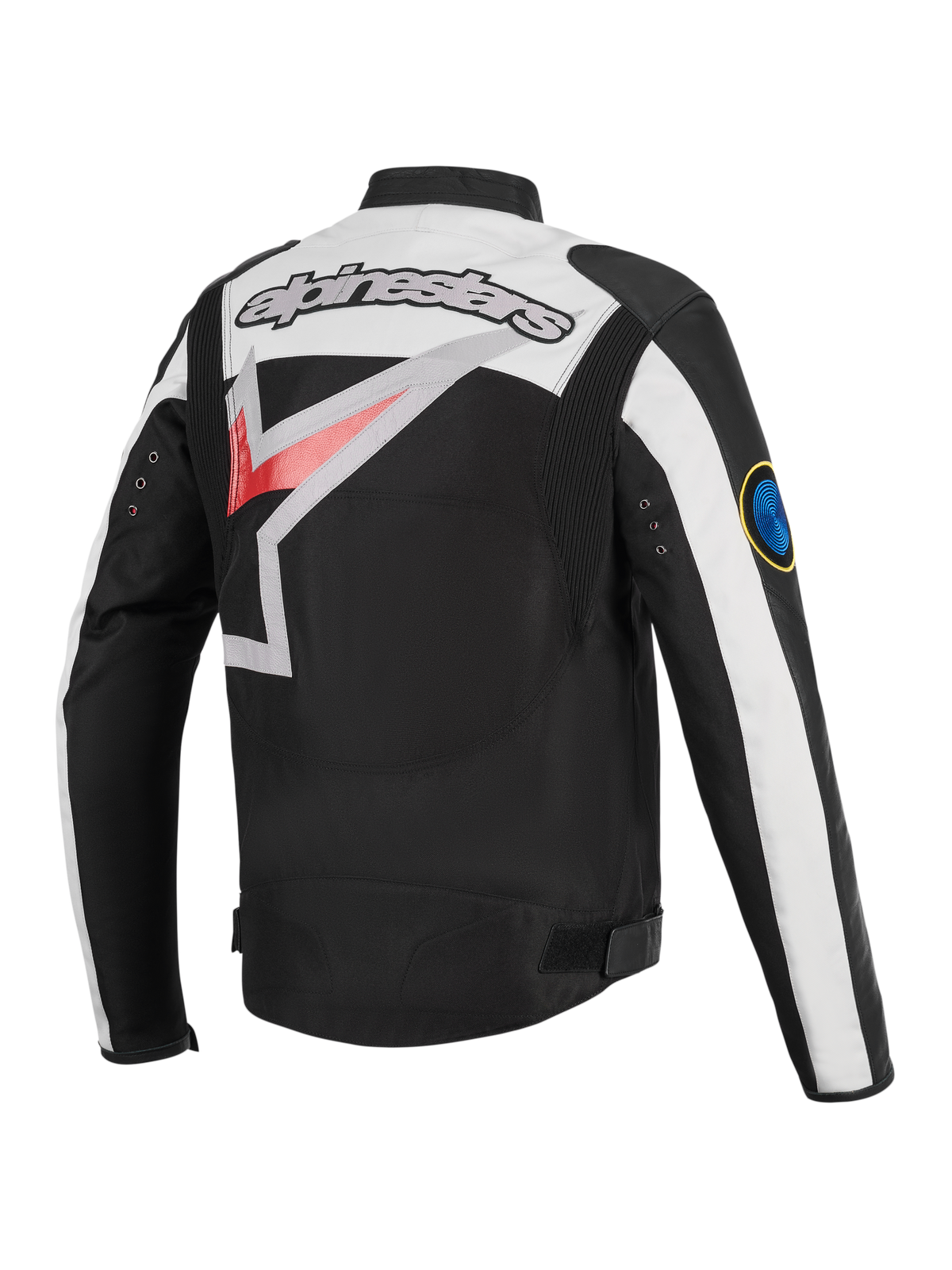 Alpinestars Axton Jacket, Motorcycle Jacket, Black Off White and Bright Red, rear view featuring a large wrap-around Alpinestars logo, accordion stretch panels on shoulders, and metal eyelet details, vintage-inspired racing aesthetic.