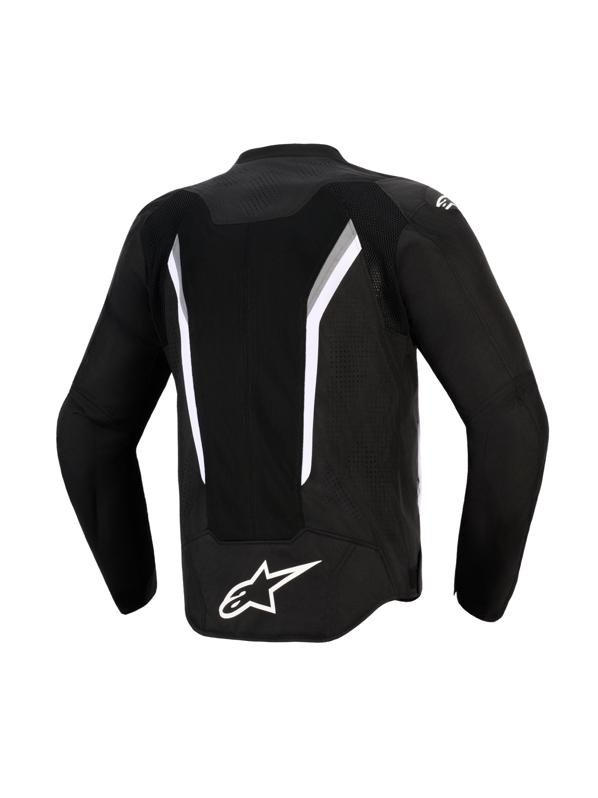 Alpinestars AST V3 Air-jakke, set bagfra, sort med hvide og mørkegrå detaljer, med et stort mesh-ventilationspanel, hvidt Alpinestars-logo nederst på ryggen og laserperforerede zoner, teknisk motorcykeljakke med sportspasform