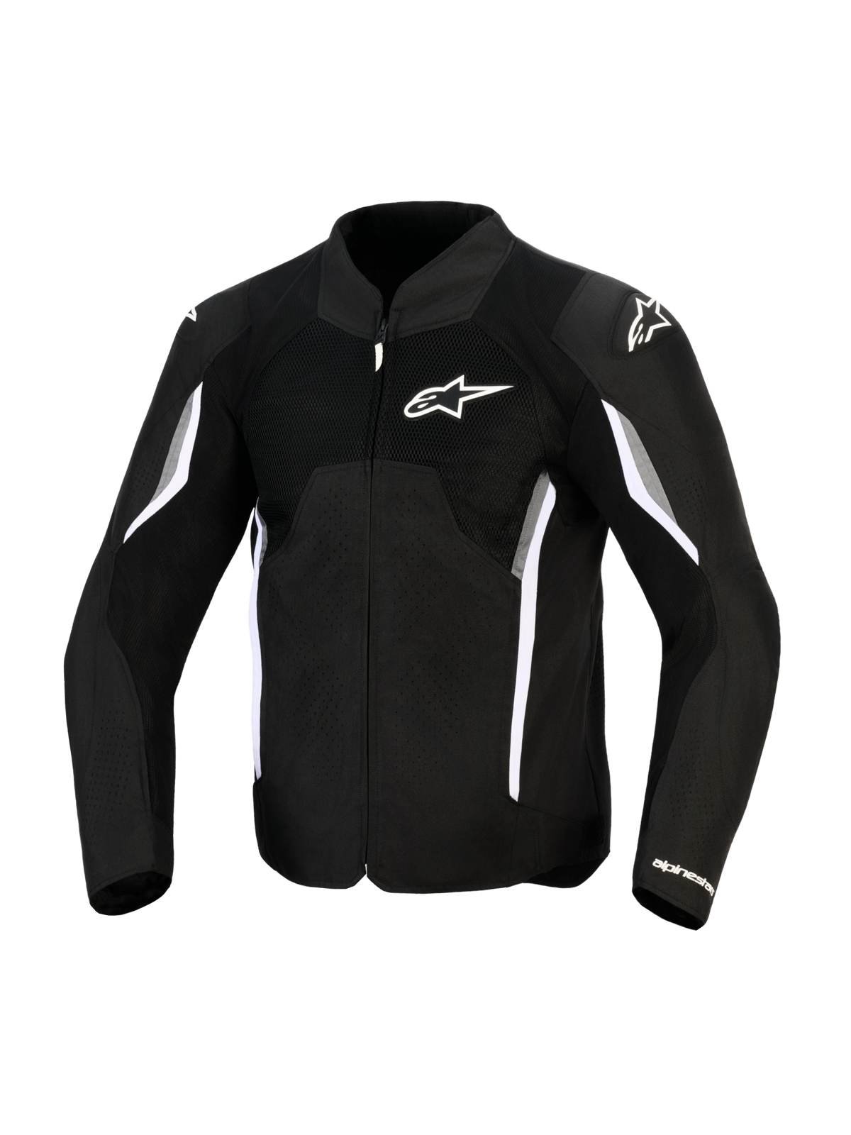 Alpinestars AST V3 Air Jakke, motorcykeljakke, sort, mørkegrå og hvid, set forfra med mesh-ventilationspaneler, hvidt Alpinestars-logo på brystet og skulderslidere, sporty design med hvide og grå detaljer på ærmerne.
