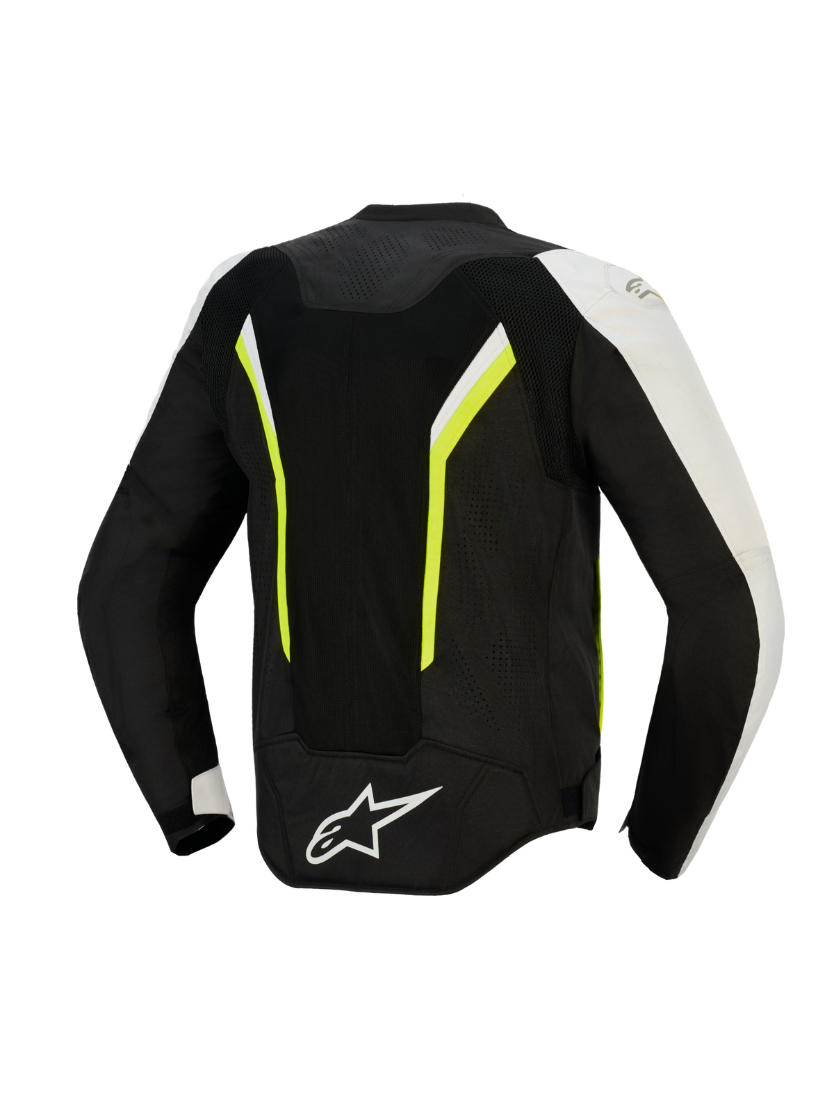Alpinestars AST V3 Air-jakke, set bagfra, sort, sølv og gul fluo, tekstil motorcykeljakke med store mesh-paneler for luftgennemstrømning, fluorescerende detaljer og hvidt logo på lænden