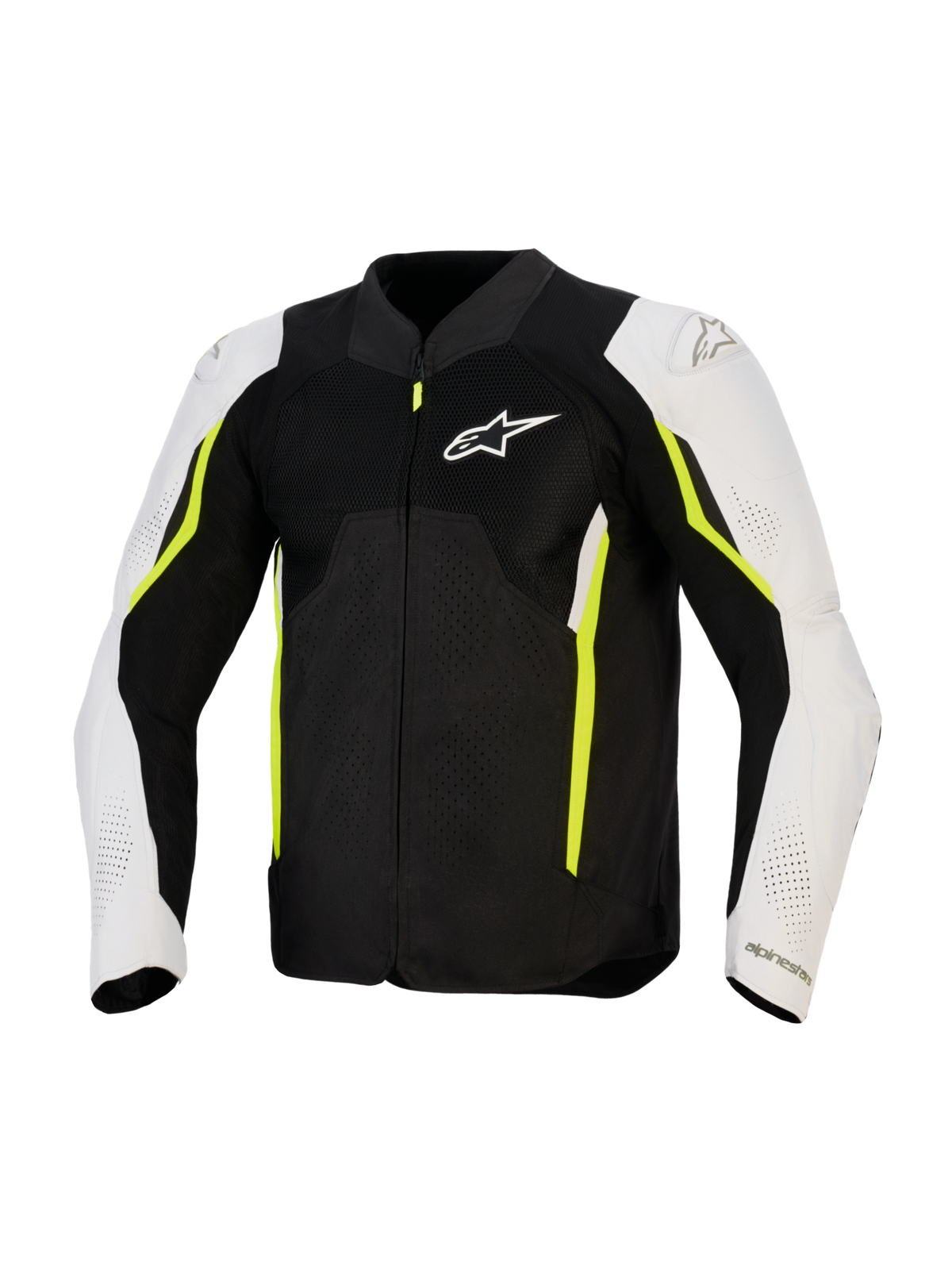 Alpinestars AST V3 Air-jakke, motorcykel tekstiljakke, sort, sølv og neongul, set forfra med mesh-ventilationspaneler, hvide ærmer med neongule detaljer og Alpinestars-logo på brystet, sport-performance design til kørsel i varmt vejr