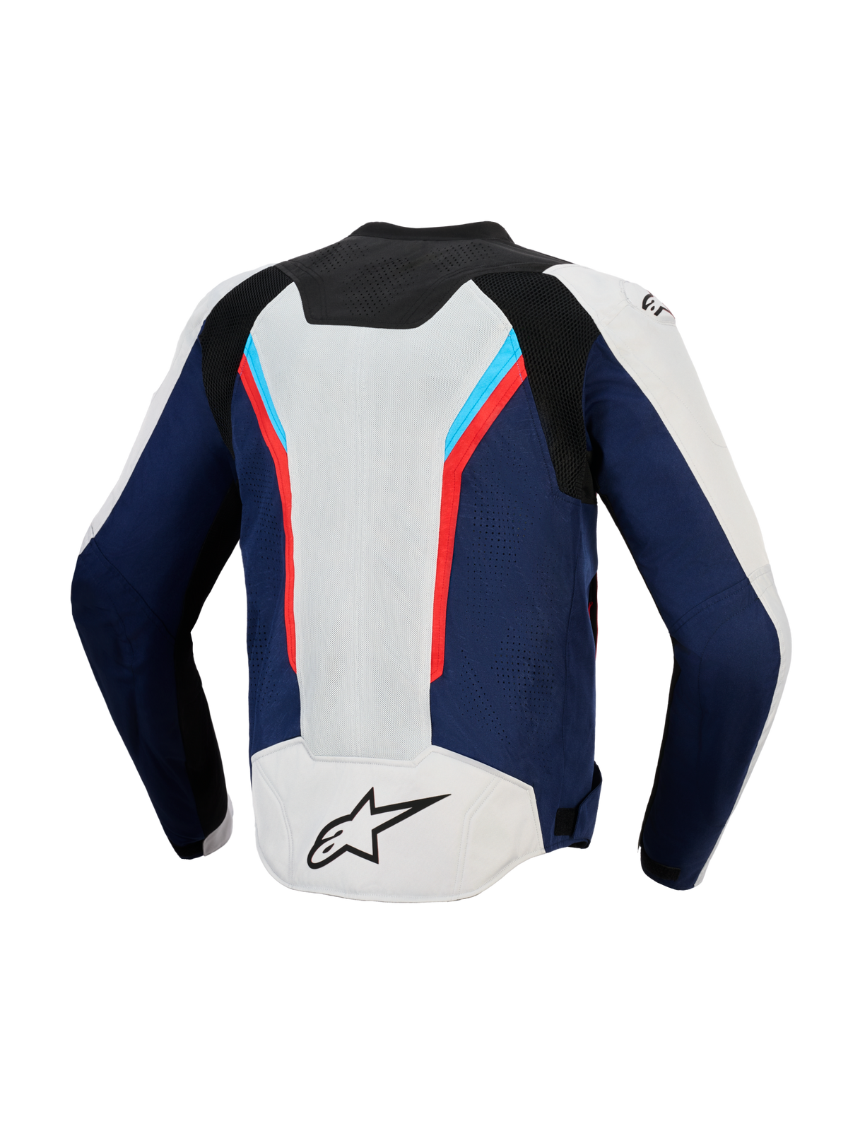 Alpinestars AST V3 Air-jakke, set bagfra, Silver Deep Blue og Bright Red, teknisk motorcykeljakke med store mesh-ventilationspaneler, sporty multi-panel-design med røde og lyseblå detaljer, sort A-star-logo på den sølvfarvede lænd.