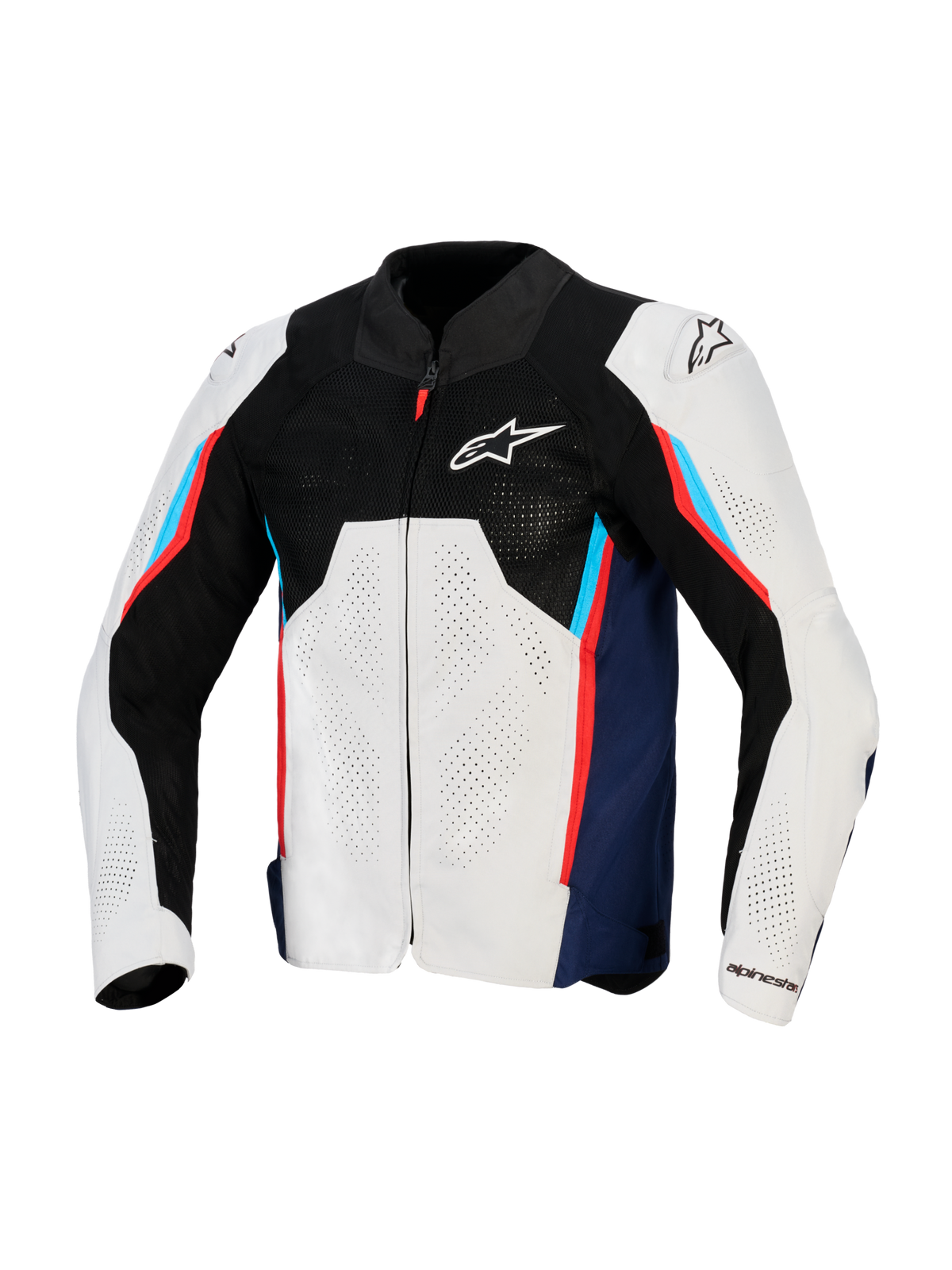 Alpinestars AST V3 Air Jakke, motorcykel racingjakke, sølv, mørkeblå og klar rød, set forfra med sort tech mesh øverst, laserperforerede tekstilpaneler og eksterne DFS-skulderskydere, sport-pasform design til varmt vejr.