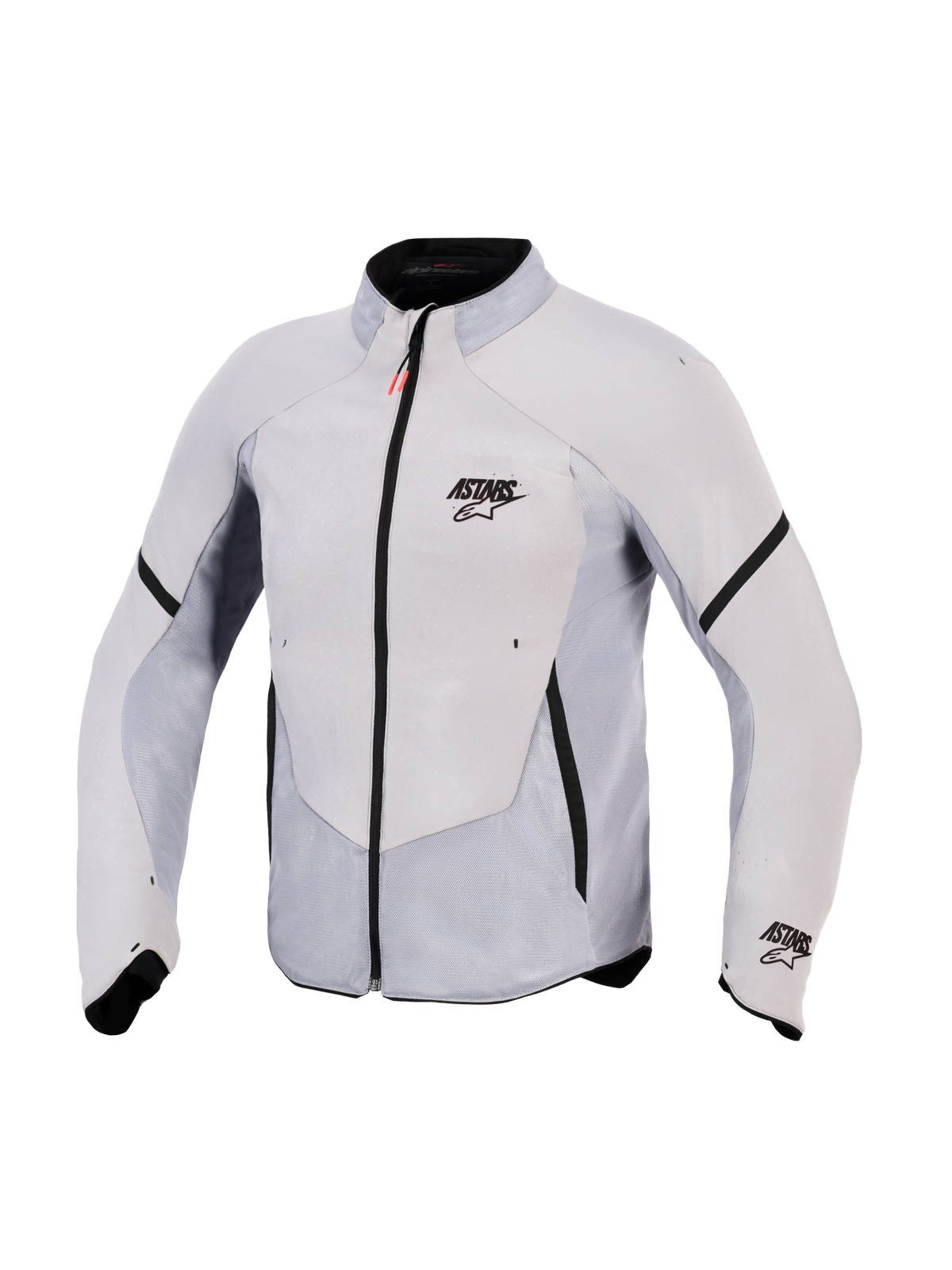 Alpinestars Aeroshell Airflow jakke, motorcykeljakke, mellemgrå antracit, letvægts stretch-softshell med omfattende laserperforerede mesh-paneler, sort frontlynlås med rød trækflig, ASTARS-branding på bryst og ærme, sport-fit design for maksimal åndbarhed