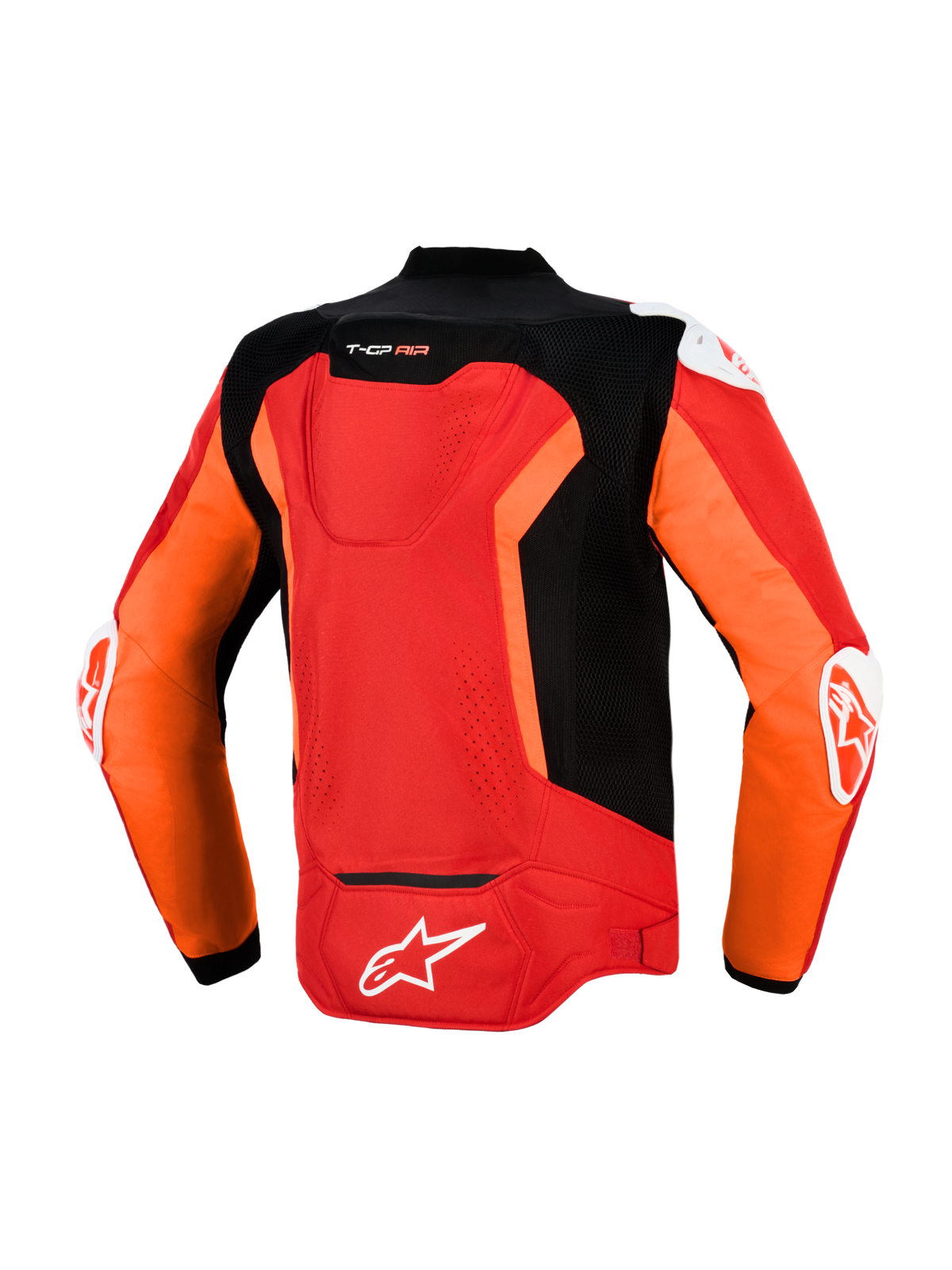 Alpinestars T-GP Air jakke, set bagfra, klar rød, rød fluo og sort, tekstil sport-motorcykeljakke med laserperforerede mesh-paneler, Supertech R10 aero-pukkel, eksterne DFS-skulder- og albueslidere og hvidt Alpinestars-logo nederst på ryggen.