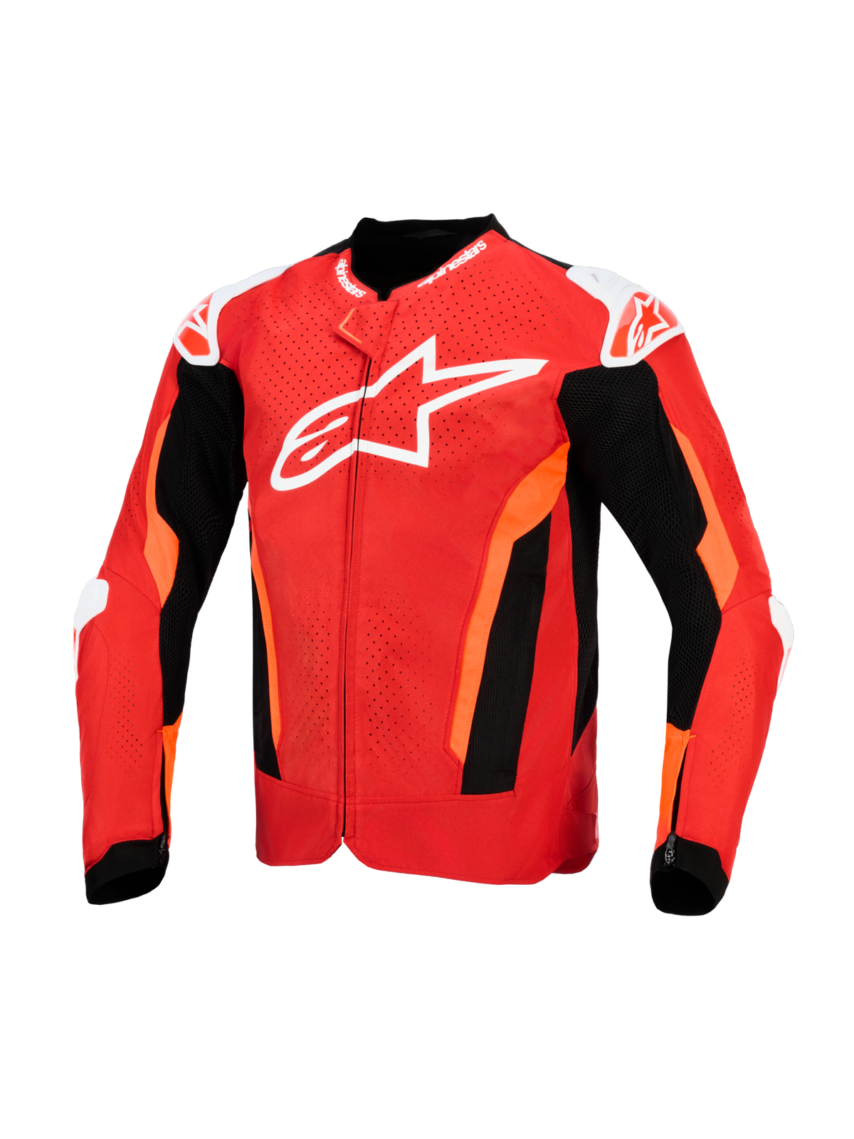 Alpinestars T-GP Air-jakke, tekstil motorcykeljakke, klar rød og sort med hvide detaljer, med et stort hvidt logo på brystet, laserperforerede frontpaneler og sorte mesh-sektioner til ventilation, sport fit-design