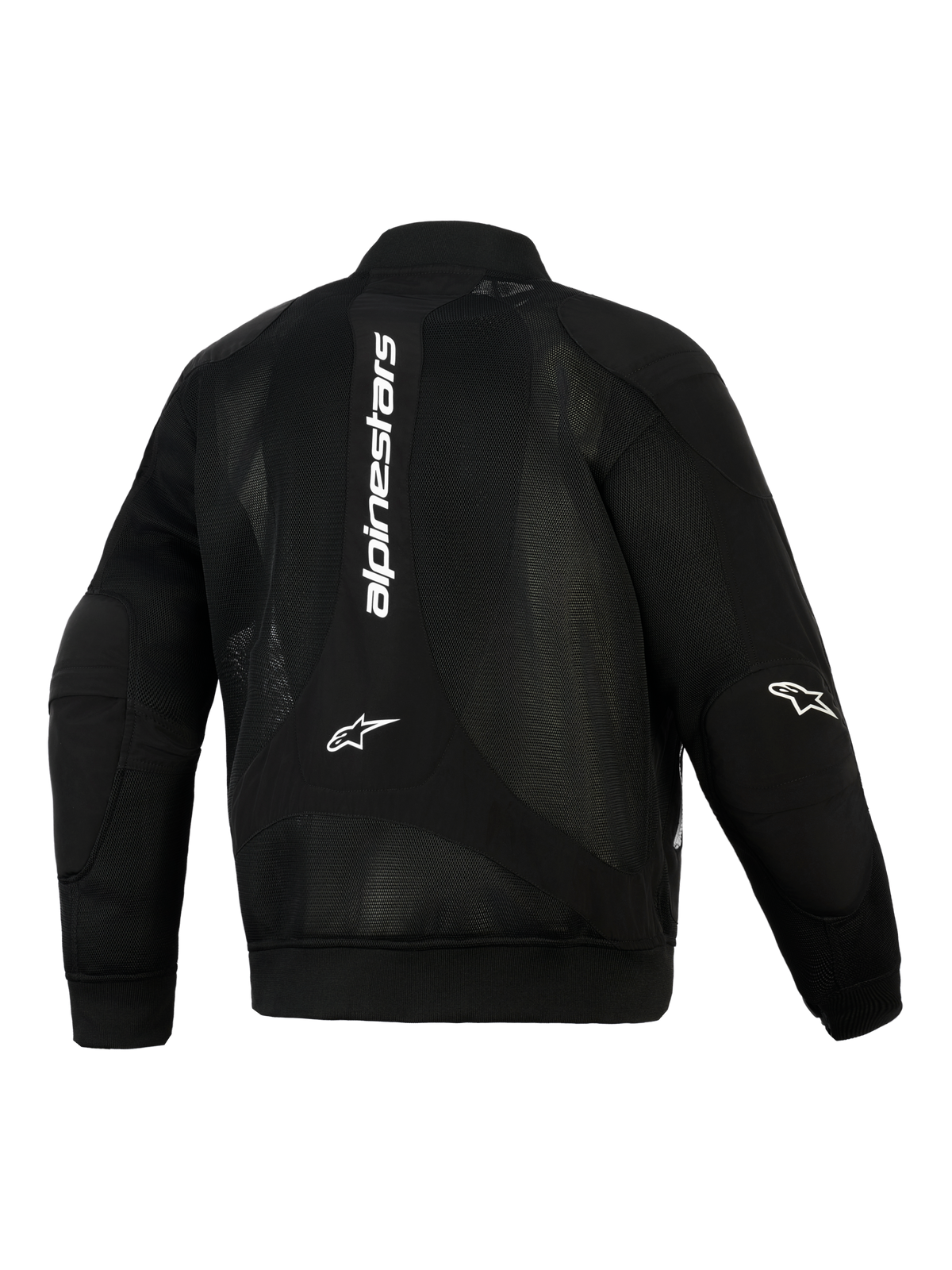 Alpinestars Flight Air Jacket, Black, Rear View, Bomber-Style Urban Motorcycle Jacket featuring extended 3D mesh panels, white vertical branding on the back, Astar logos on the elbows, and ribbed stretch knit cuffs and hem.