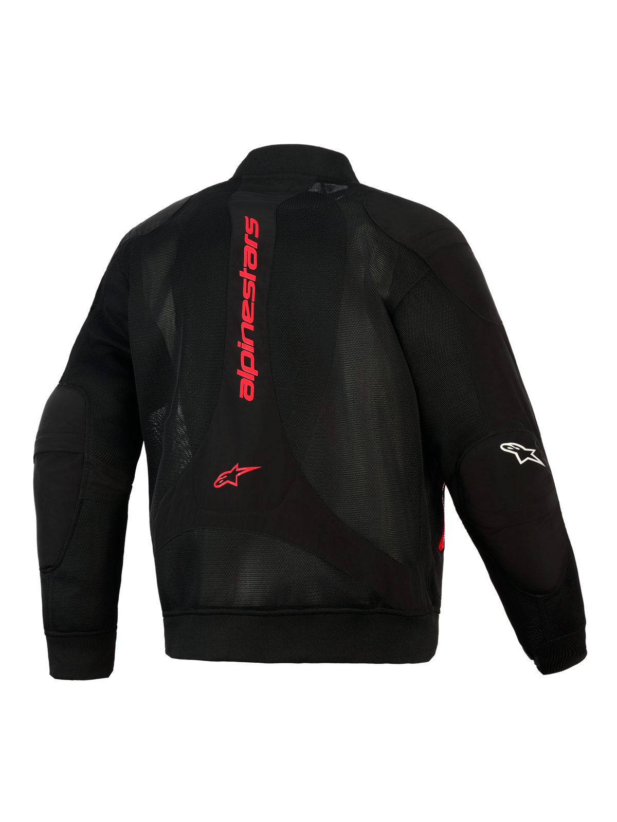 Alpinestars Flight Air jakke, sort og klar rød, set bagfra viser 3D mesh-konstruktion, lodret rødt Alpinestars-logo på ryggen, bomber-stil silhuet med ribstrikket talje og manchetter, hvidt logo på ærmet