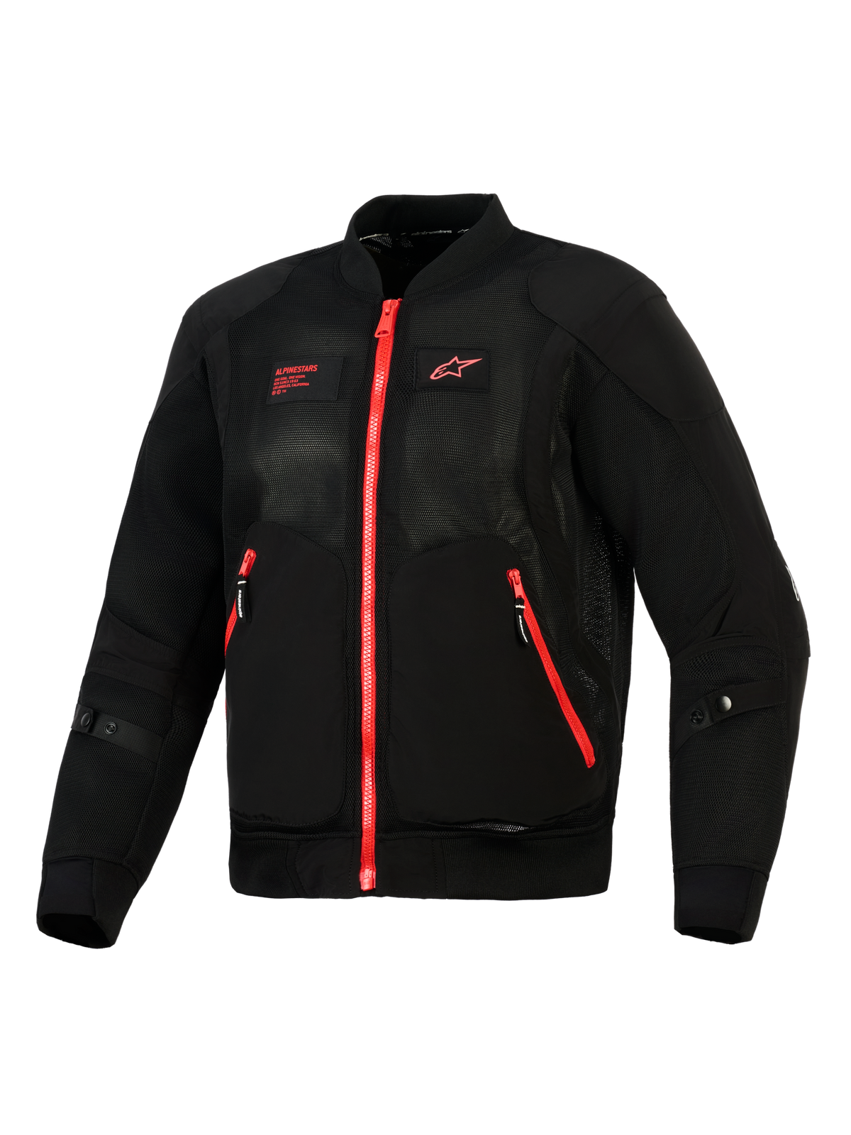 Alpinestars Flight Air Jakke, sort og rød, set forfra af en letvægts motorcykeljakke i bomber-stil med 3D mesh-paneler, kontrasterende røde lynlåse og rødt Alpinestars-logo på brystet.