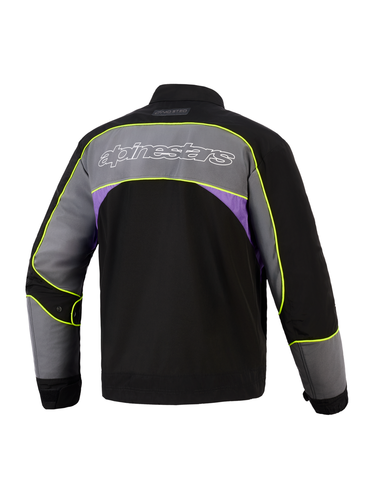 Alpinestars Unite Jakke i Black Asphalt Violet, set bagfra, urban motorcykeljakke med stort gråt skulderpanel, hvidt Alpinestars-logo med kontur, lilla sideaccenter og neon-gule high-visibility-kanter langs sømmene