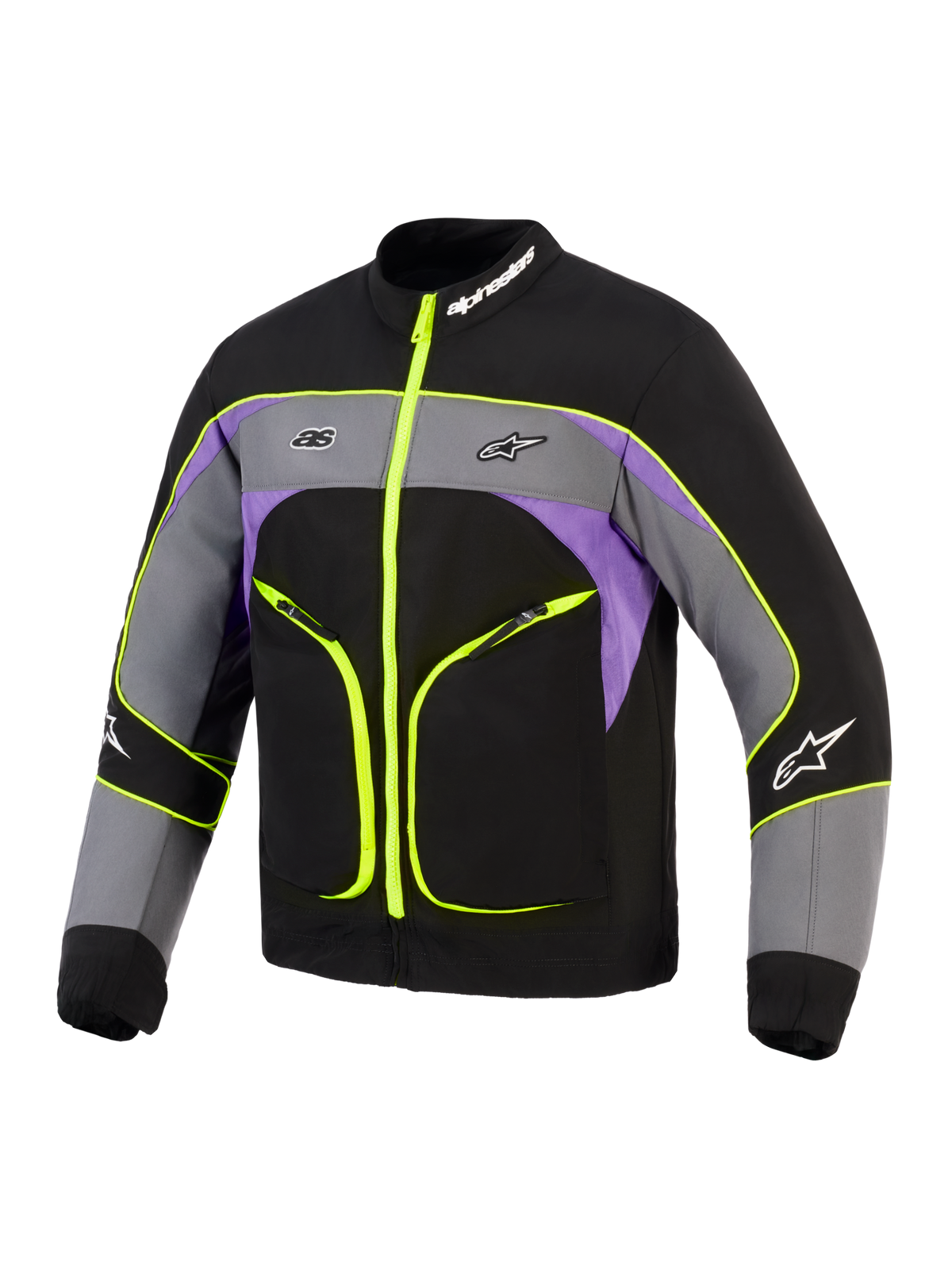 Alpinestars Unite-jakke, urban motorcykeljakke, Black Asphalt Violet med neongule detaljer, med 3-lags softshell-konstruktion, fluorescerende gule lynlåse og piping, grå og lilla farveblokering og Alpinestars-branding på brystet og kraven.
