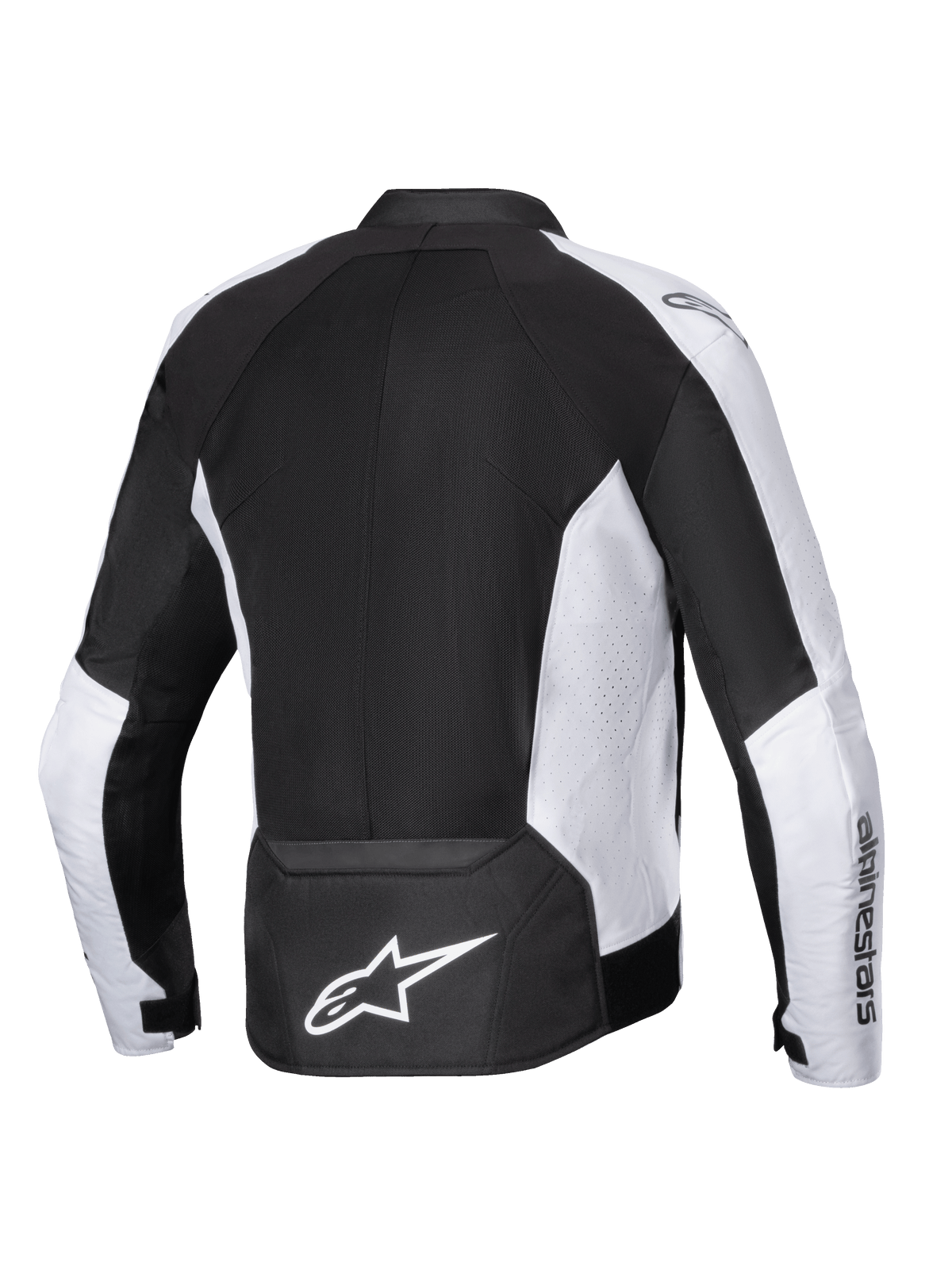 Alpinestars Viper Air V4 Jakke, motorcykeljakke, sort og hvid, set bagfra med store tekniske mesh-paneler for luftgennemstrømning, hvide perforerede sidepaneler, markant hvidt Astar-logo på den nederste del af ryggen og tekstilkonstruktion til kørsel i varmt vejr