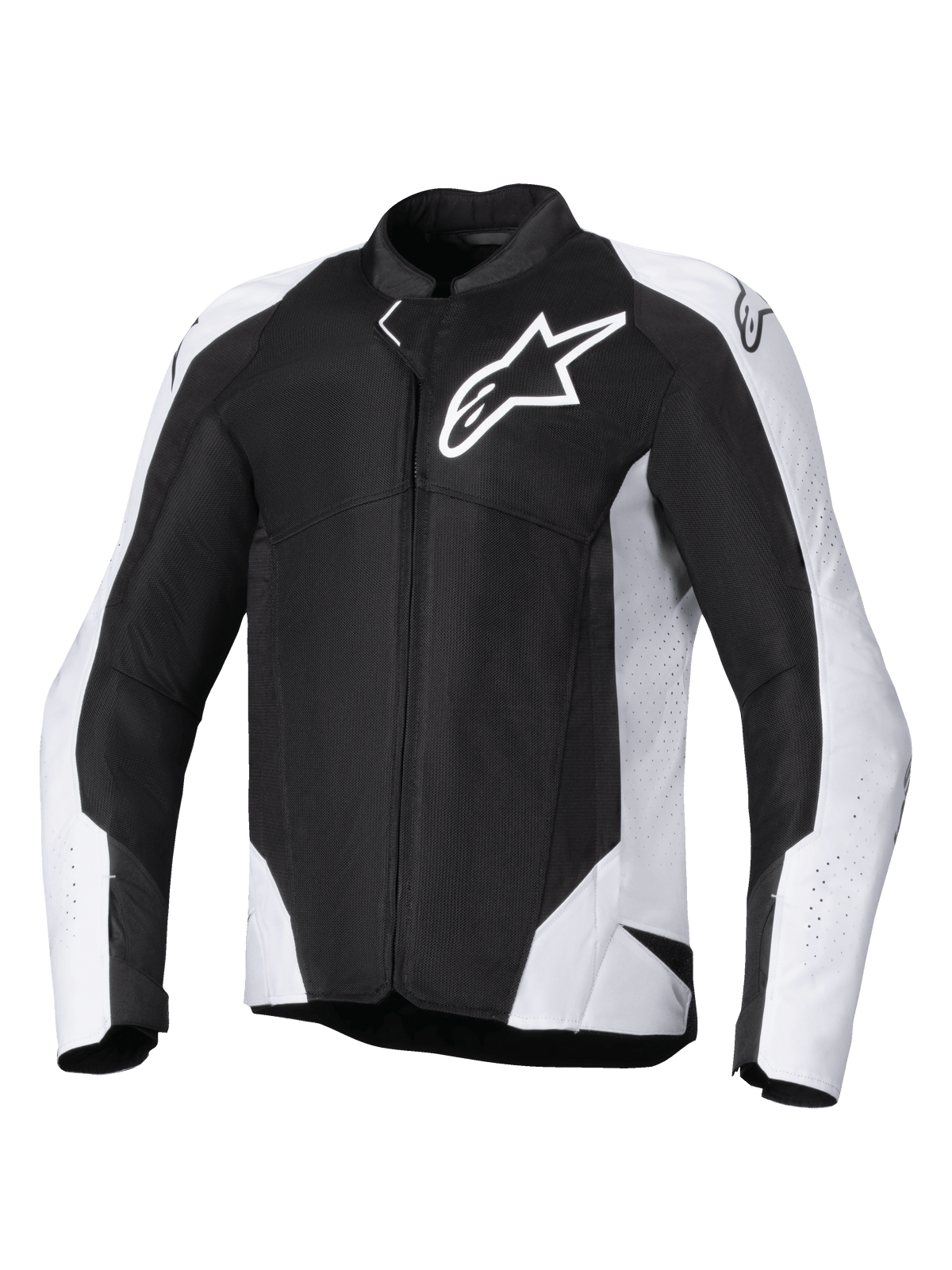 Alpinestars Viper Air V4 jakke, tekstil motorcykeljakke, sort og hvid, med stort hvidt Astar-logo på brystet, perforerede mesh-paneler for luftgennemstrømning, ergonomisk sportspasform til landevejskørsel
