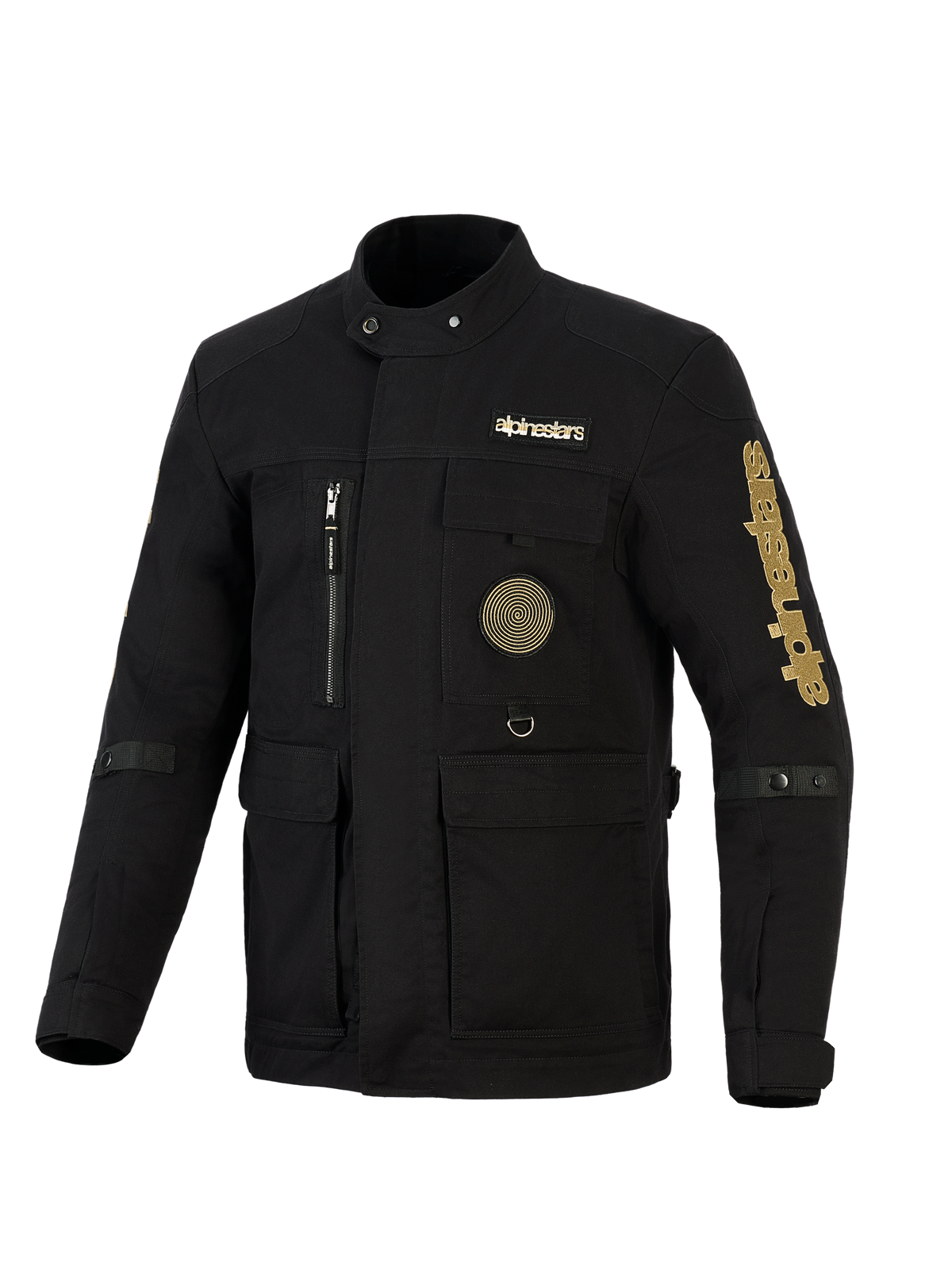 Alpinestars Dice-jakke, urban motorcykel-feltjakke, sort med guld-branding, med flere praktiske lommer, en spiral-patch på brystet og vintage-inspireret feltjakke-styling i vandafvisende tekstil.