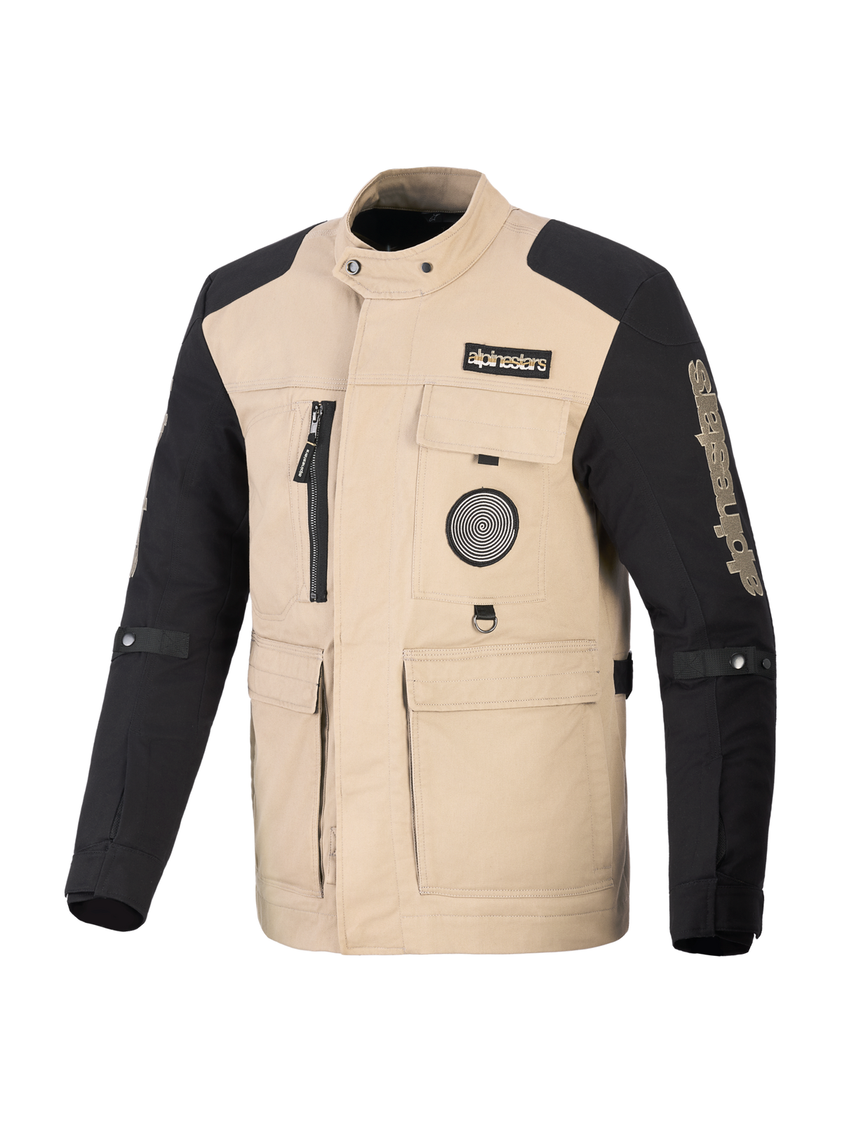 Alpinestars Dice Jakke, urban motorcykeljakke, tan og sort, arbejdstøjsinspireret design med fire brugslommer foran og logo-patches, robust tekstilkonstruktion til gadebrug