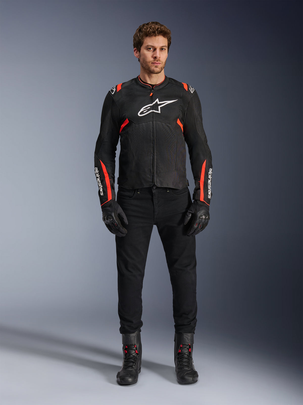 Alpinestars T-SPS Air V2 Jacket, Men's Black and Red Fluo textile motorcycle jacket with airflow mesh panels.