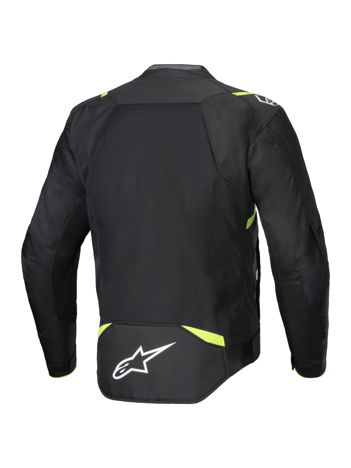 Alpinestars T-SPS Air V2 Jakke, tekstil motorcykeljakke, sort og gul fluo, set bagfra med store mesh-paneler for luftstrøm, fluorescerende gule detaljer på skuldre og talje, hvidt Alpinestars-logo på lænden