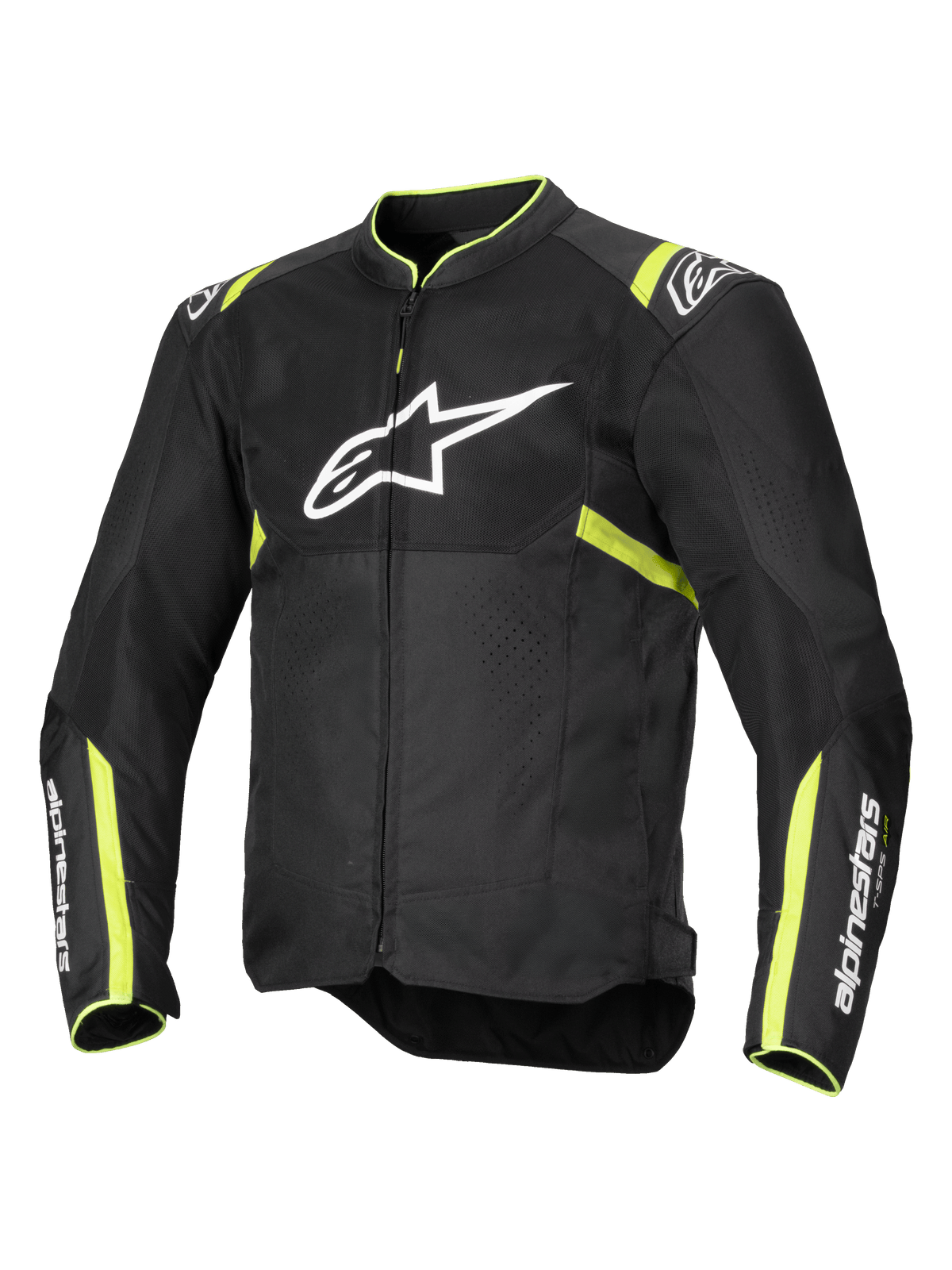 Alpinestars T-Sps Air V2-jakke, motorcykeljakke, sort og neon-gul, med stort hvidt brystlogo, mesh-paneler til ventilation, fluorescerende gule detaljer på skuldre og ærmer, sporty tekstildesign