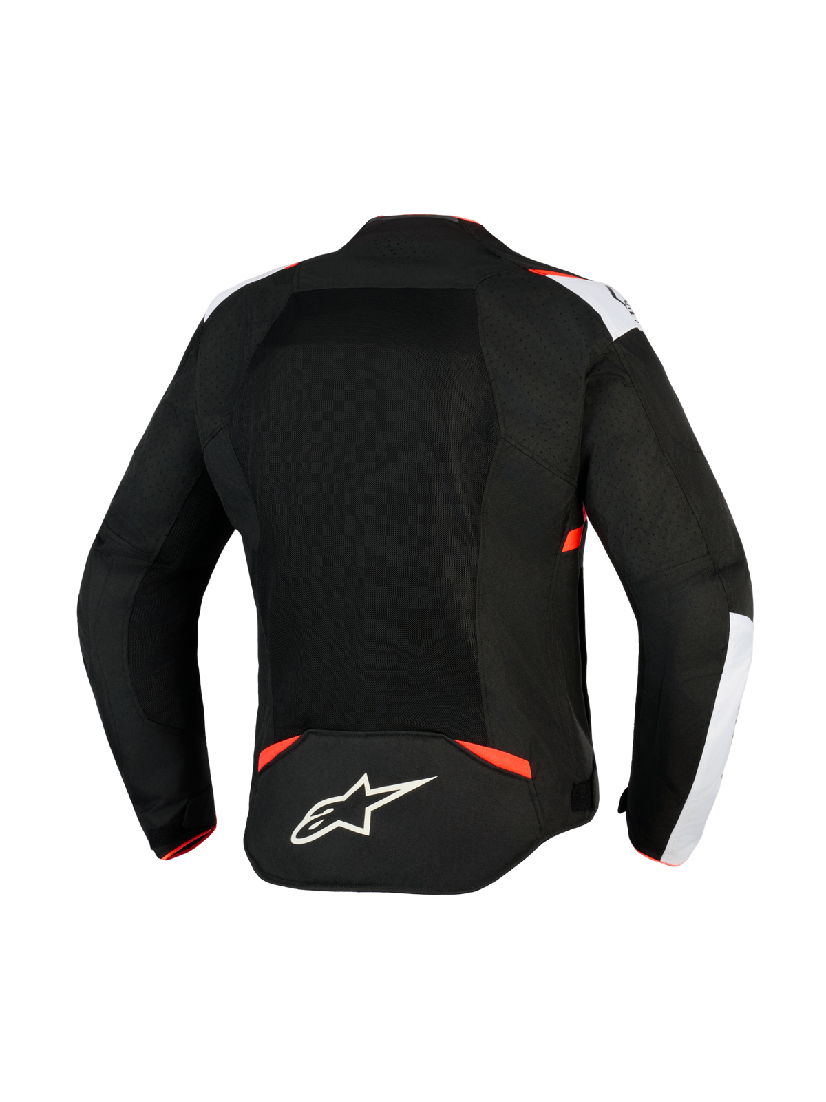 Alpinestars T-Sps Air V2 Jacket, Textile Motorcycle Jacket, Black White and Red Fluo, rear view featuring large mesh panels for airflow, white shoulder accents, Alpinestars star logo on lower back, urban sport design.