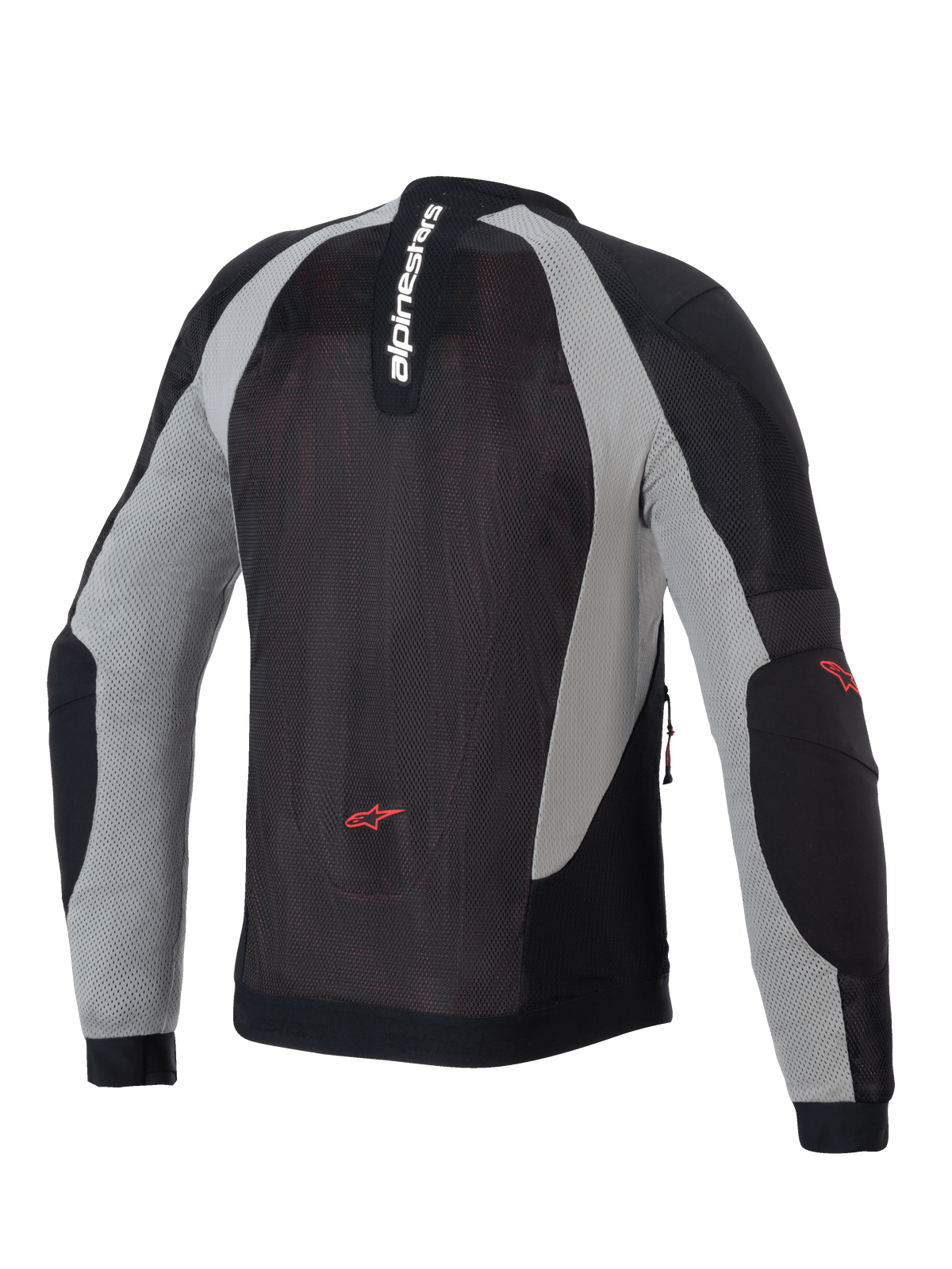 Alpinestars Troop-Air jakke, motorcykel-luftjakke, sort, askegrå og klar rød, set bagfra med teknisk mesh-konstruktion, lodret Alpinestars-branding på kraven og røde stjernelogoer på den nederste del af ryggen og albuerne.