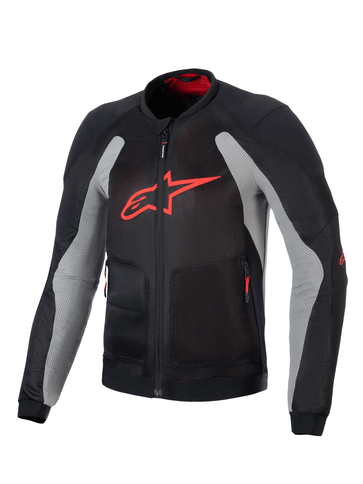 Alpinestars Troop-Air jakke, teknisk motorcykel-luftjakke, sort og askegrå med lys rød, stort rødt A-star logo på brystet, mesh-konstruktion for optimal luftgennemstrømning, teknisk køredesign