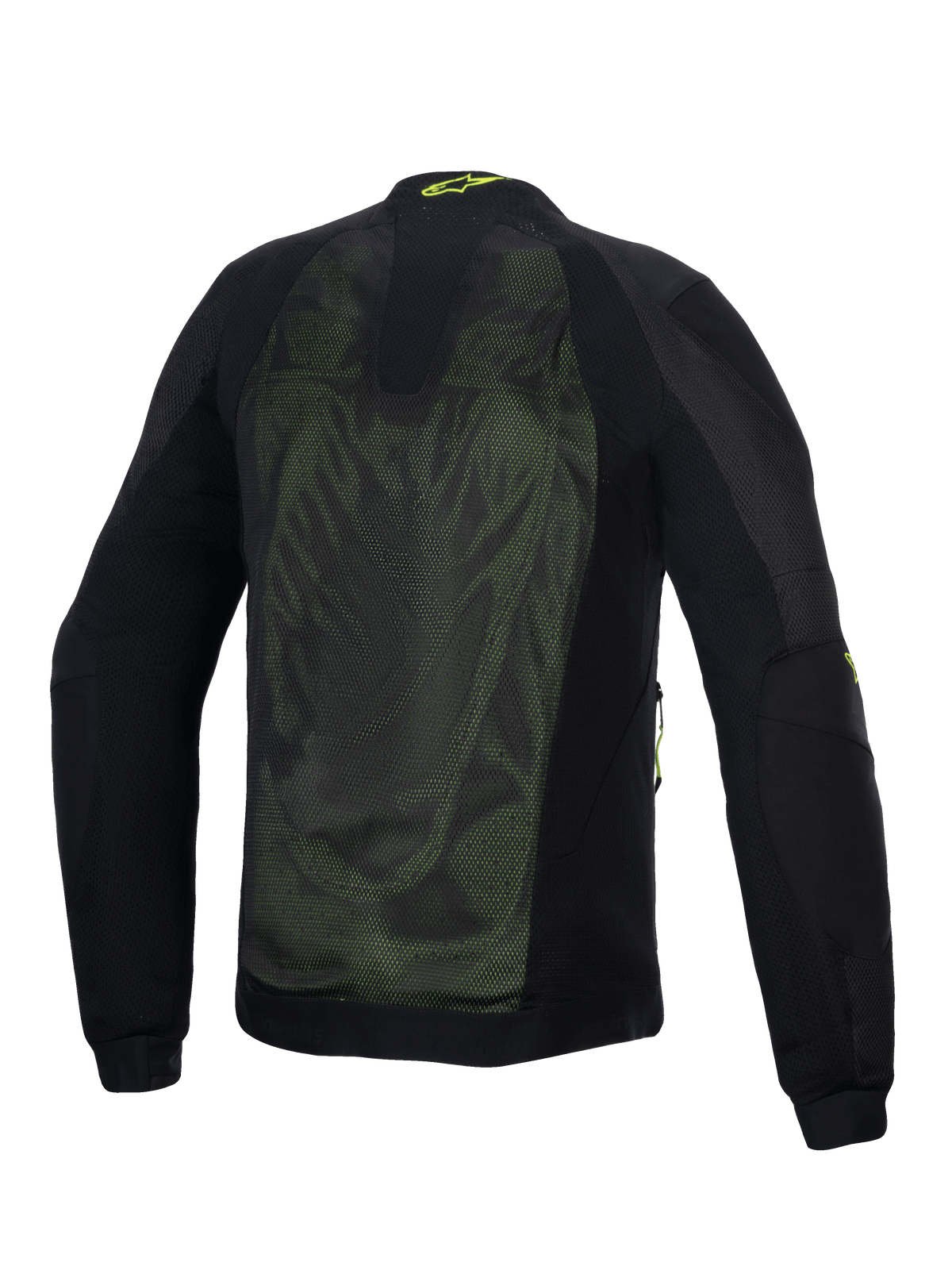 Alpinestars Troop-Air jakke, teknisk motorcykel-meshjakke, Sort og Yellow Fluo, set bagfra med store 2D tech-mesh-paneler for luftgennemstrømning, gult Alpinestars-logo på kraven og forstærkede tekstilærmer.