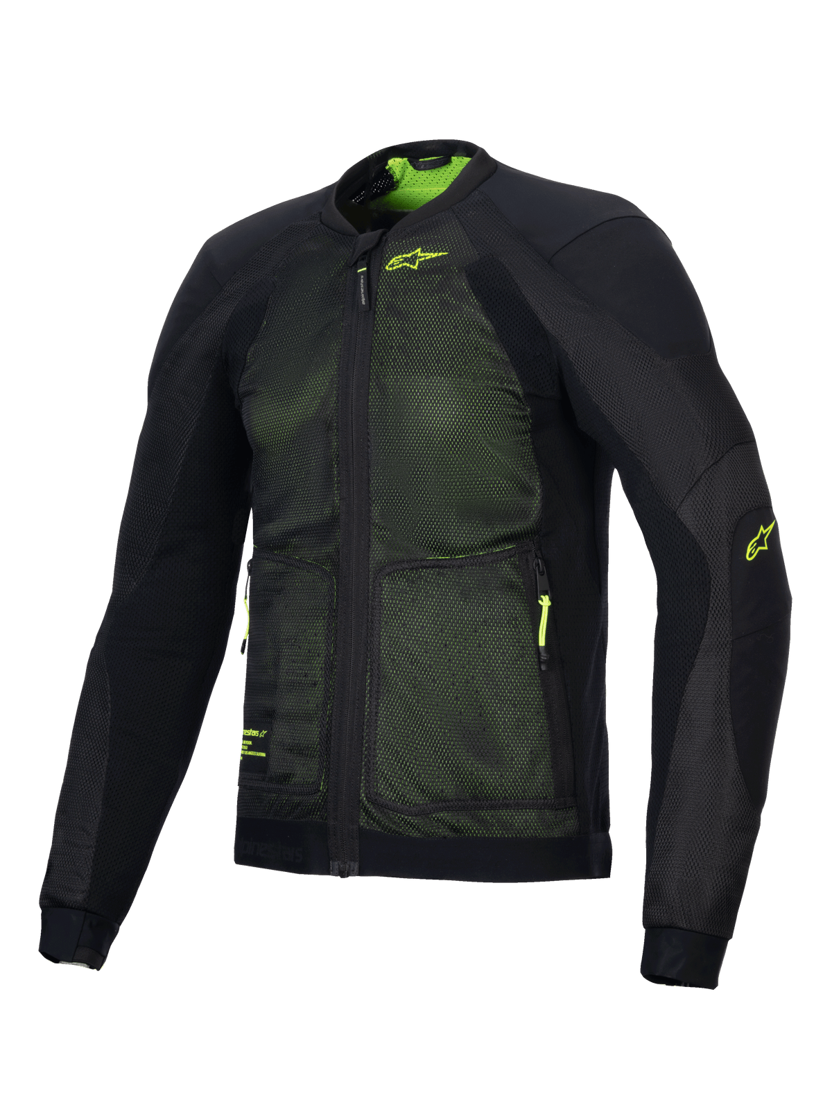 Alpinestars Troop-Air jakke, avanceret motorcykel-luftjakke, sort og gul fluo, med 2D tech-mesh-konstruktion for overlegen luftgennemstrømning, fluorgult Alpinestars-logo på brystet og ærmet, letvægts åndbart design til landevejskørsel om sommeren