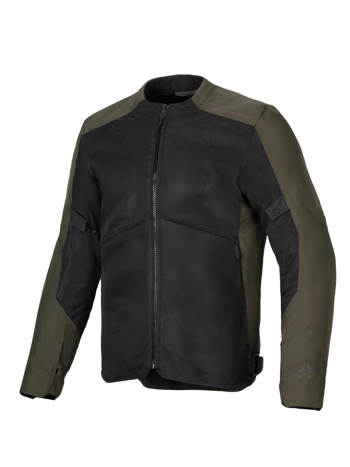 Alpinestars C-1 Air Jakke, motorcykeljakke, khaki og sort, med store mesh-paneler til ventilation, 450D polyfabric-konstruktion, raffinerede reflekterende logoer på ærmerne og kraven, urban moderne stil til bypendling og touring