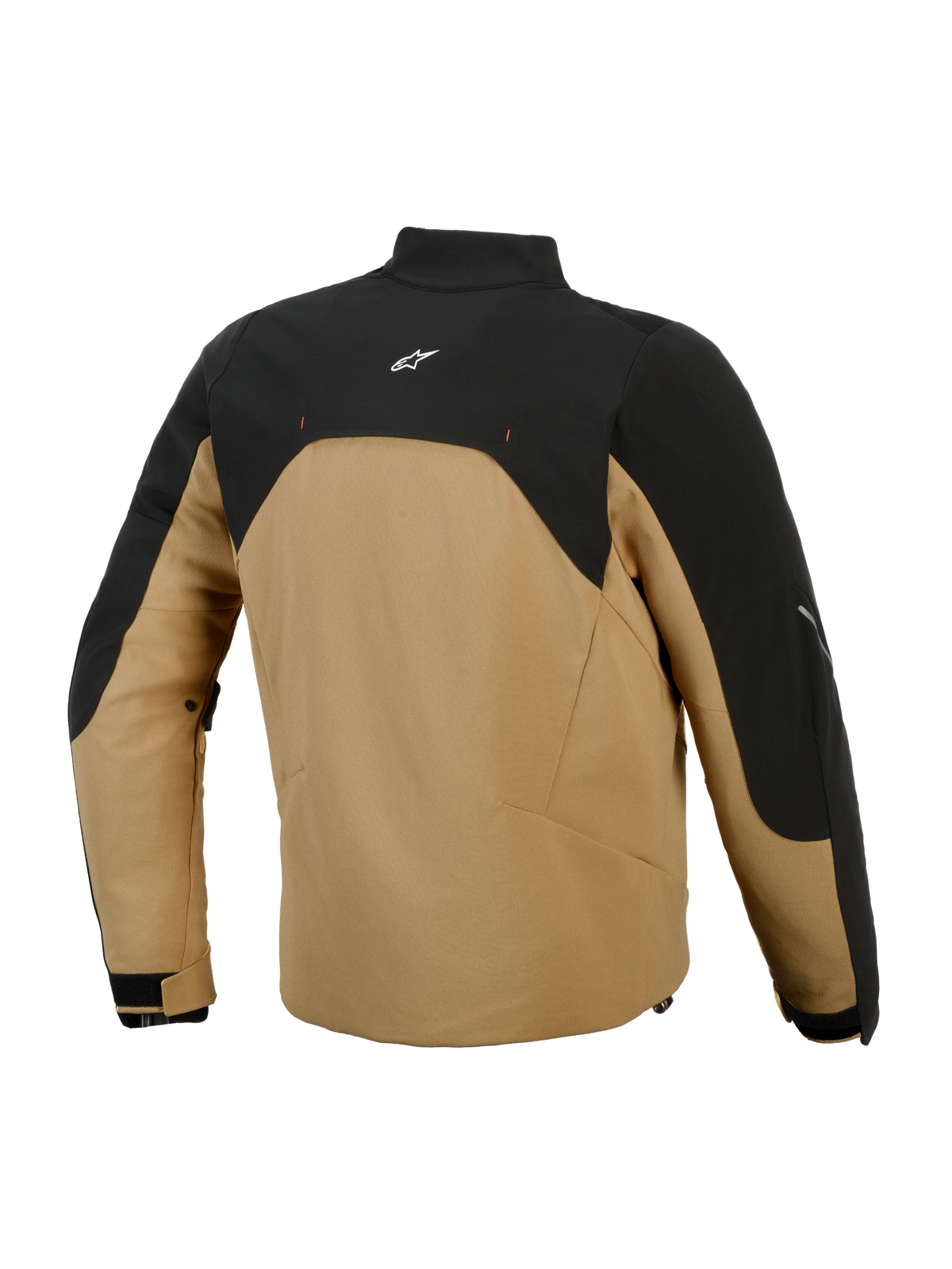 Alpinestars Provoke Jakke, urban motorcykeljakke, sort og camel, set bagfra med sort øverste panel med hvidt logo, kamelfarvet softshell-hoveddel, moderne silhuet med reflekterende detaljer, designet til byryttere