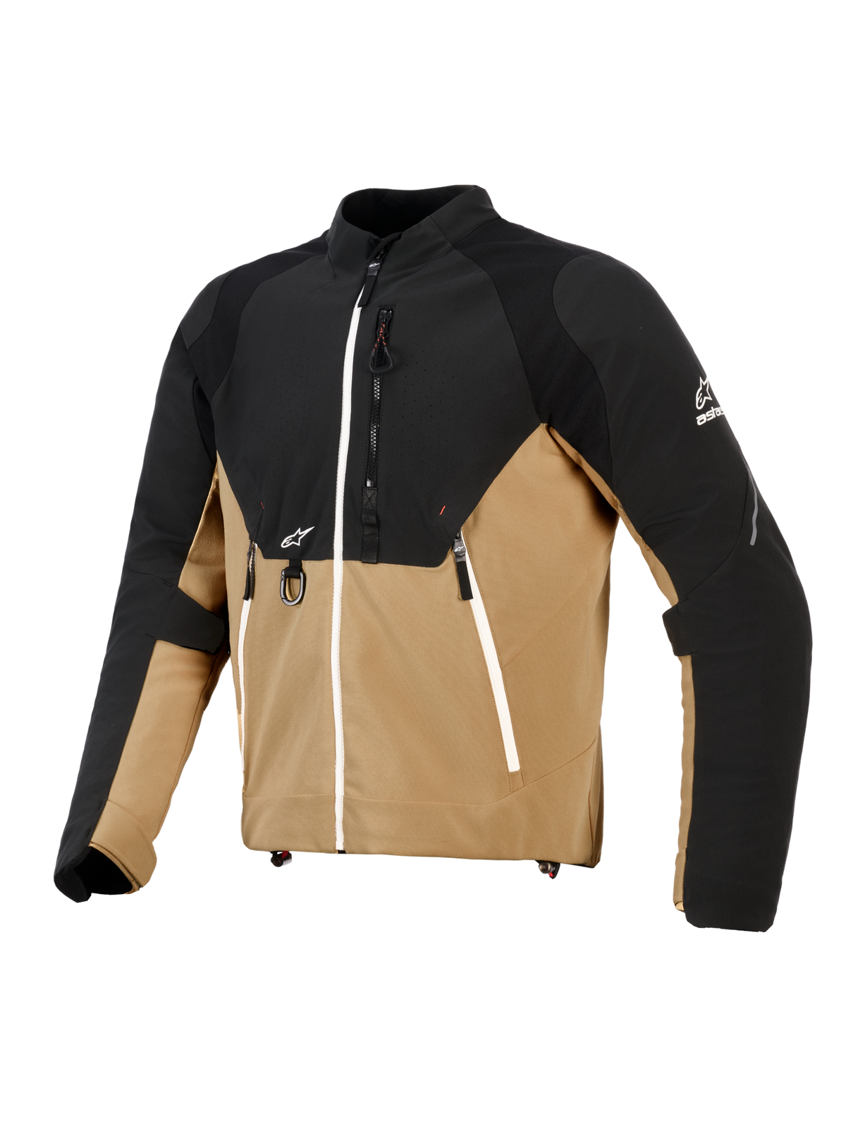 Alpinestars Provoke jakke, urban motorcykeljakke, sort og camel, teknisk tekstilkonstruktion med ripstop-paneler, med hvide lynlåsdetaljer, metal D-ring foran og Alpinestars-logoer, moderne outdoor-inspireret design