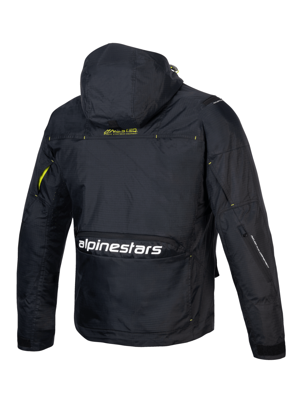 Alpinestars Mogress Air Jakke, urban motorcykeljakke til mænd, sort og limegrøn, ventileret ripstop tekstil, med hætte og ryglogo, set bagfra