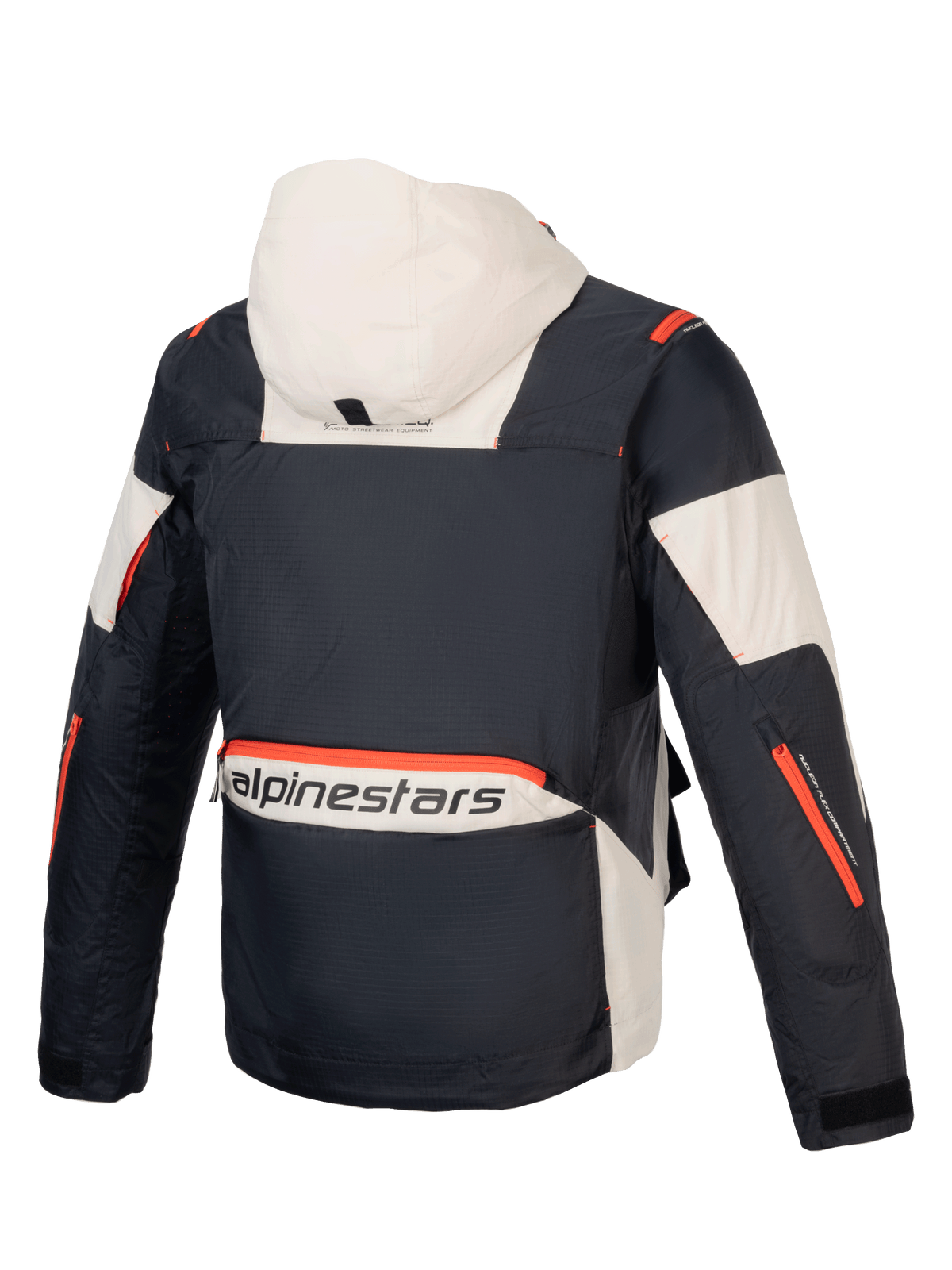 Alpinestars Mogress Air Jakke, urban herre-motorcykeljakke i sort og almond ripstop med orange detaljer, set bagfra.
