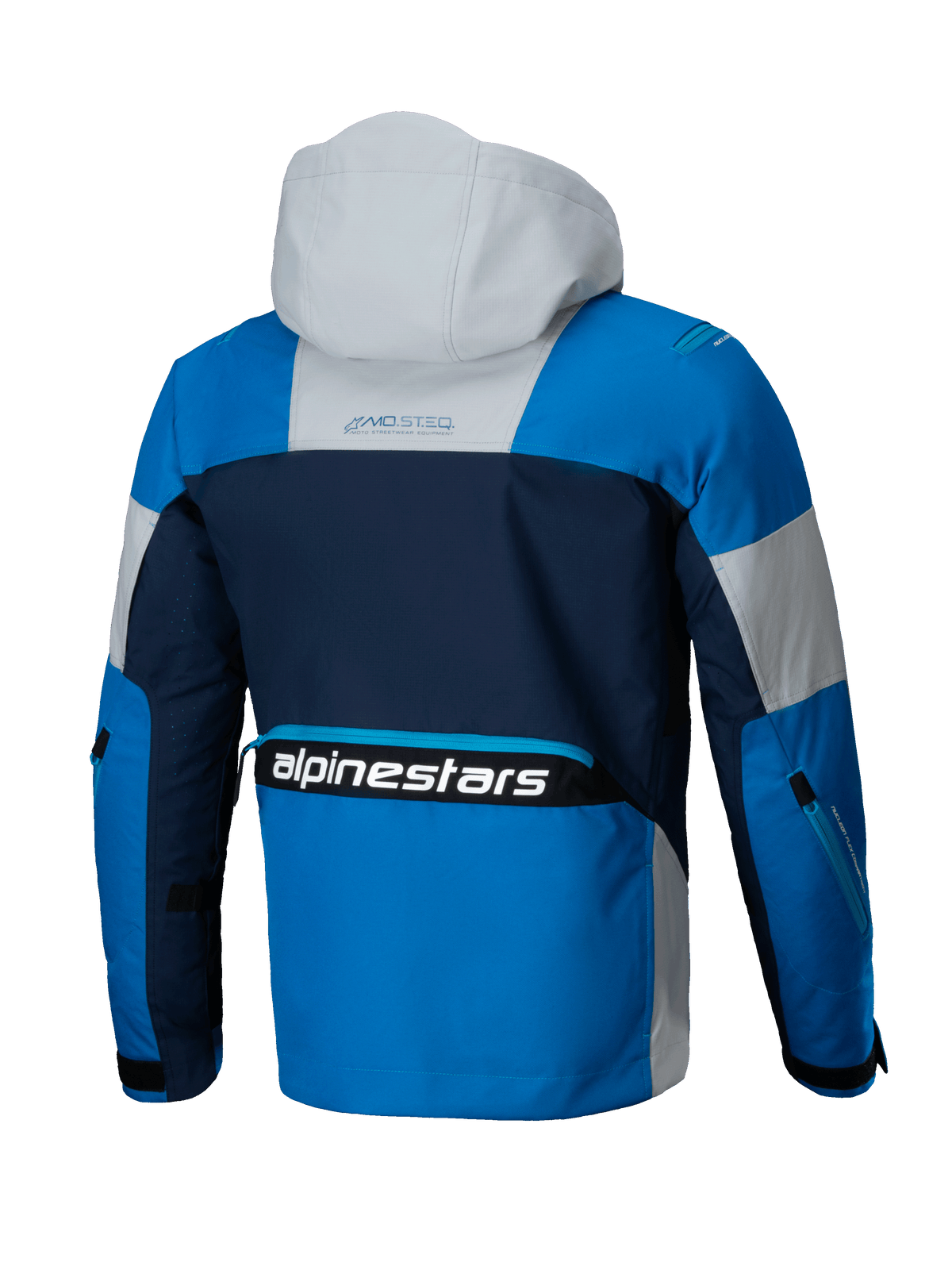 Alpinestars Mogress Air jakke, urban motorcykeljakke i blå og navy, set bagfra med hætte og hvidt logo, ventileret tekstil, CE-certificeret