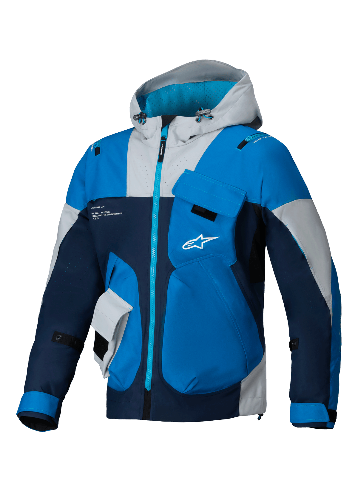 Alpinestars Mogress Air Jakke, urban motorcykeljakke til herrer i blå, navy og lysegrå, med ventileret ripstop, praktisk hætte og Nucleon Flex Plus beskyttelse, ideel til kørsel i varmt vejr.