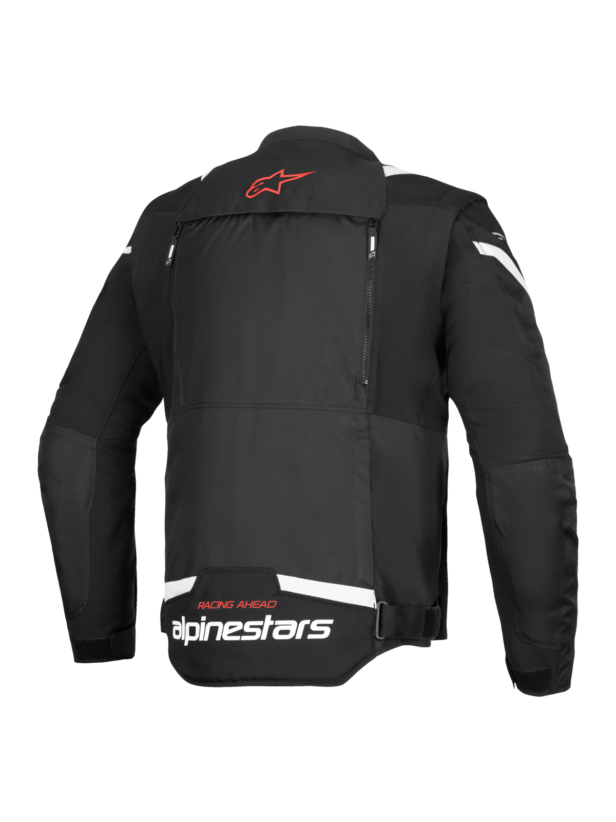 Alpinestars T-Stunt Air-jakke, set bagfra, sort og hvid, med rødt stjernelogo i nakken, hvid branding på den nederste del af ryggen og lodrette lynlåse til det modulære luftstrømssystem.