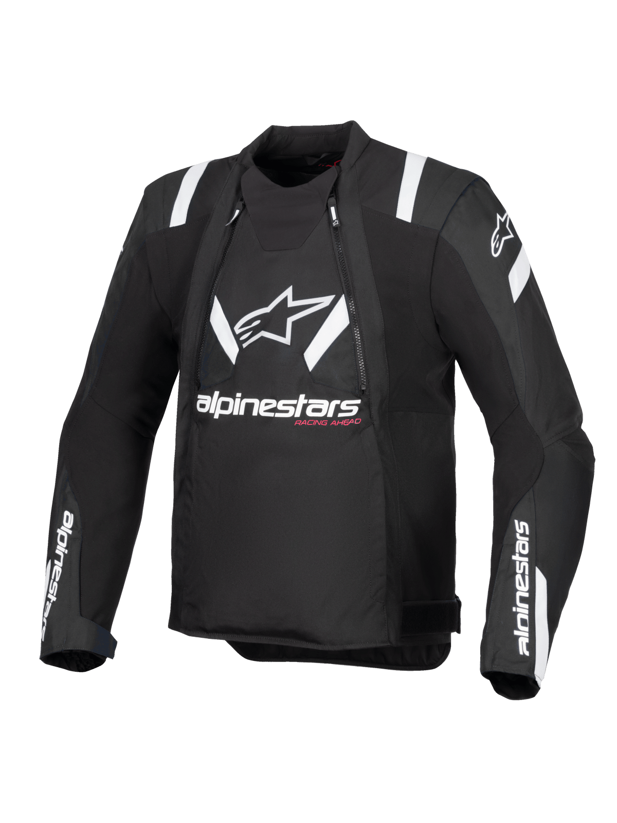 Alpinestars T-Stunt Air-jakke, sort og hvid, motorcykeljakke med sportssnit set forfra, med stort hvidt Alpinestars-logo og tekst på brystet, hvide detaljer på skuldrene og mesh-paneler til modulær ventilation