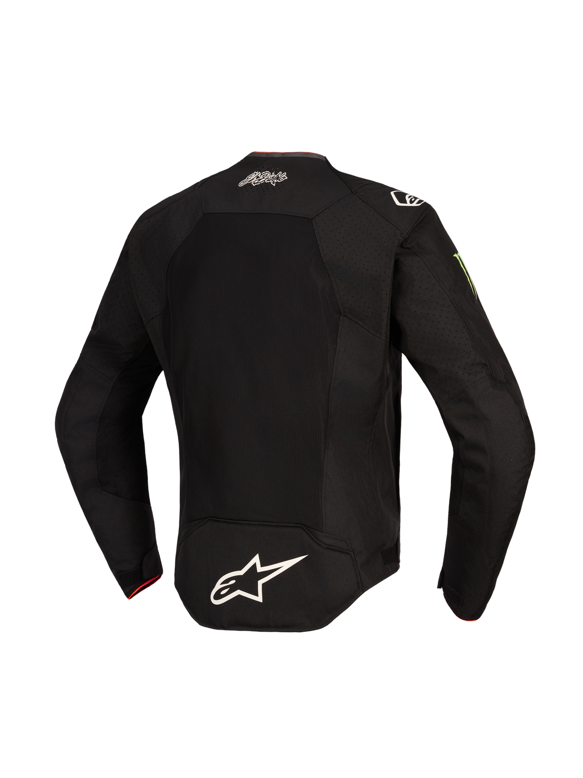 Alpinestars FQ20 T-SPS Air V2 Monster Jakke, set bagfra, sort, med et stort mesh-ventilationspanel, hvidt Alpinestars-logo nederst på ryggen, El Diablo-signatur øverst på ryggen og Monster Energy-logo på ærmet, tekstil motorcykeljakke til sportskørsel