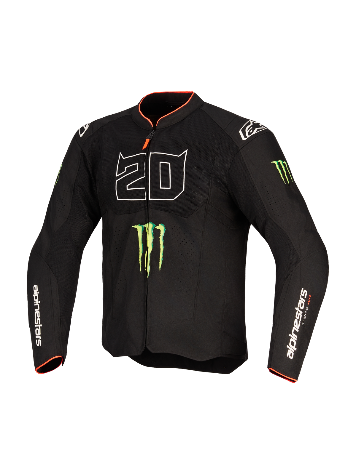 Alpinestars FQ20 T-SPS Air V2 Monster-jakke, tekstil motorcykeljakke, sort med stor hvid '20'-grafik, grønne Monster Energy-klo-logoer og røde detaljer på krave og manchetter, mesh-paneler til ventilation, Alpinestars-branding på ærmerne, præstationsorienteret pasform til sportskørsel