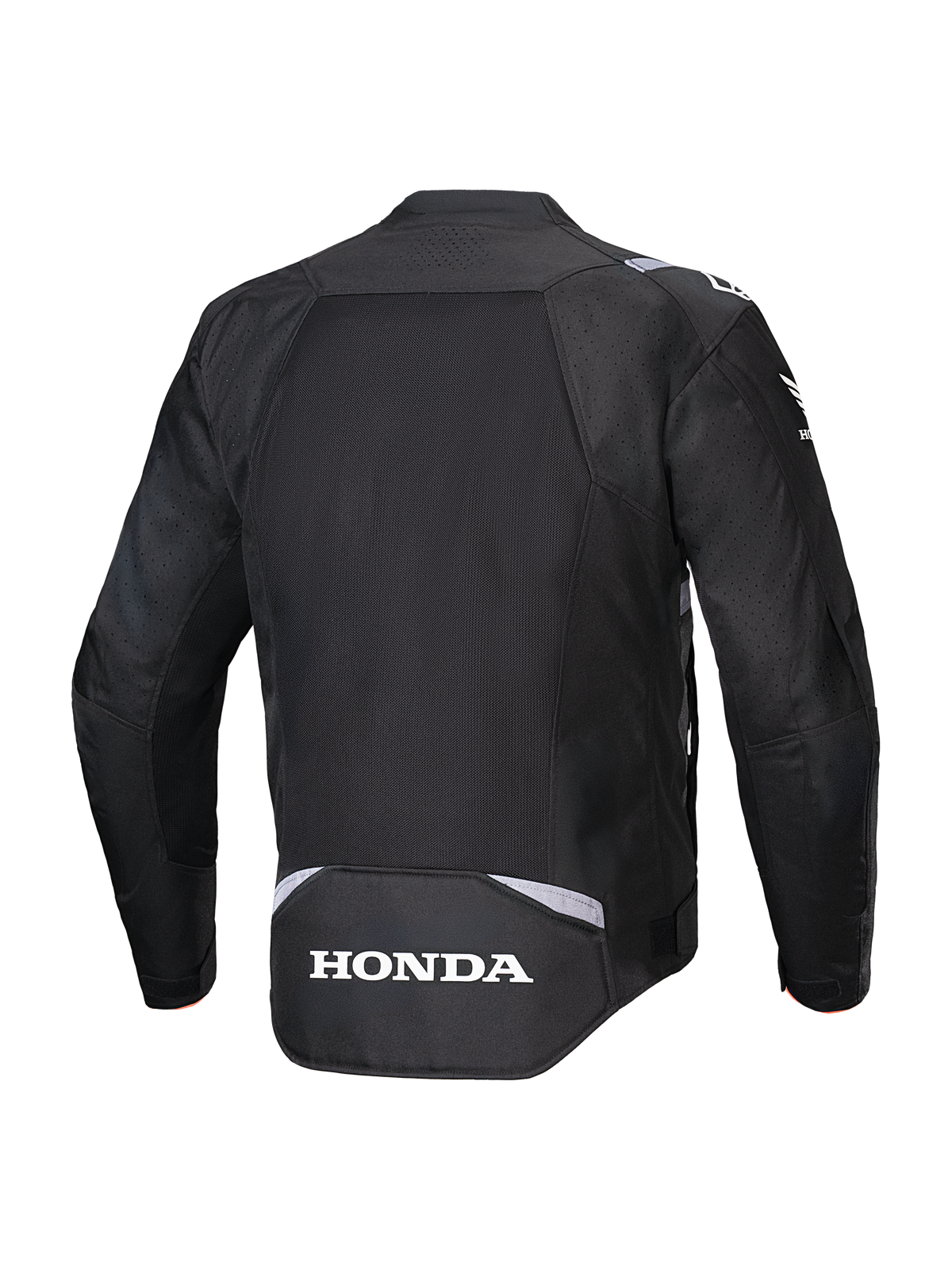 Alpinestars Honda T-SPS Air V2 jakke, sort, set bagfra med et stort mesh-rygpanel for luftstrøm, hvidt Honda-logo nederst på ryggen og Alpinestars-branding på skuldrene, tekstil-motorcykeljakke til sommerkørsel.