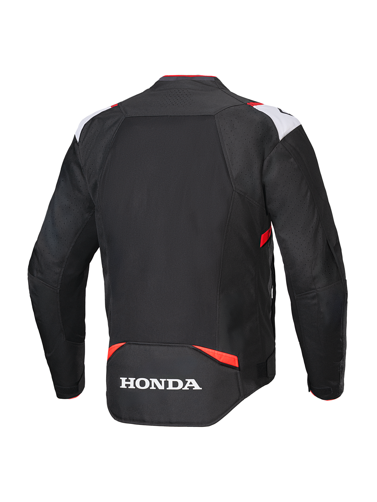 Alpinestars Honda T-SPS Air V2 Jakke, tekstil motorcykeljakke, sort hvid og klar rød, rygvisning med stort mesh-panel til luftgennemstrømning og hvidt Honda-logo nederst på ryggen, sportsligt design til sommerens bykørsel