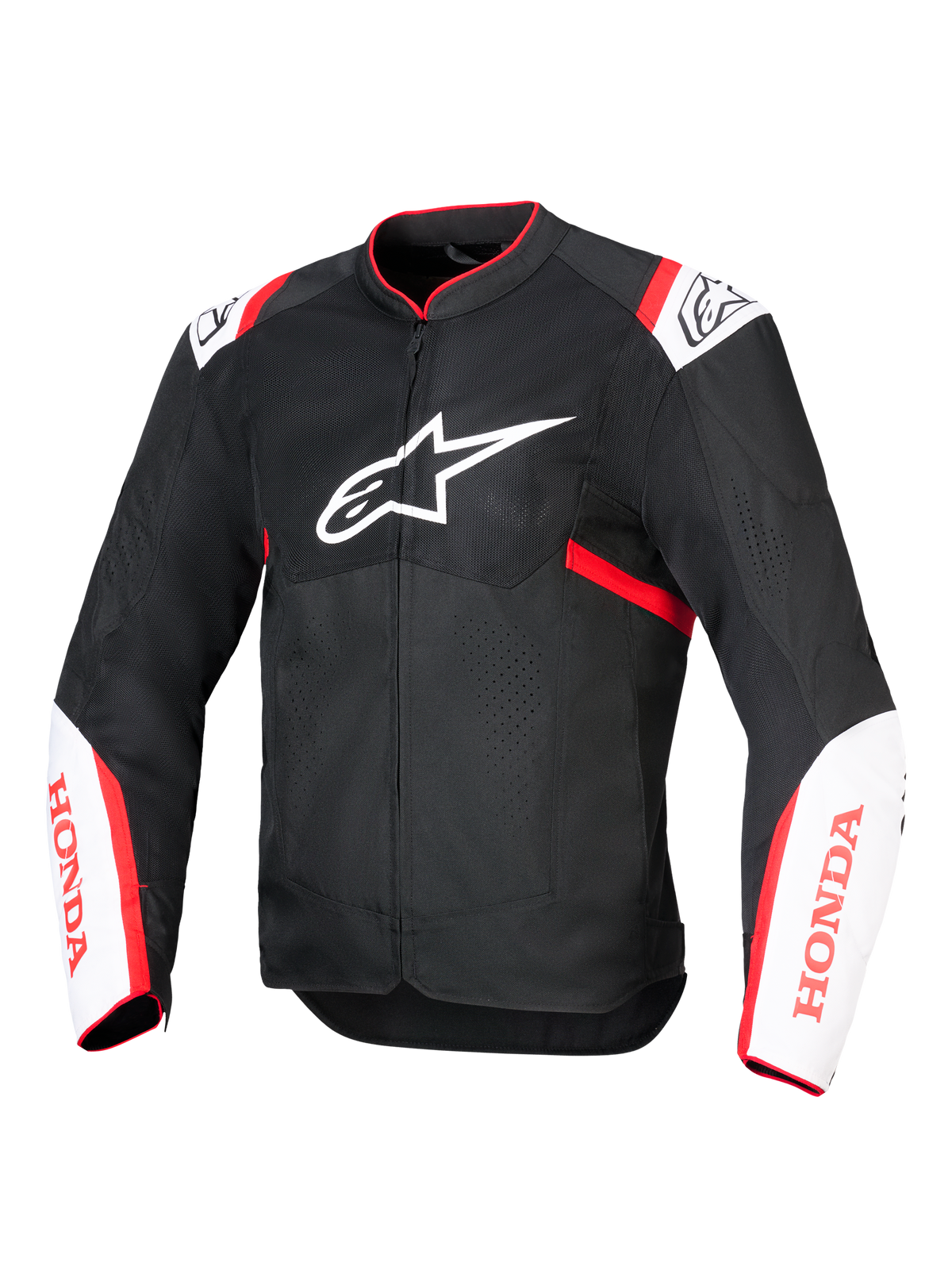 Alpinestars Honda T-SPS Air V2 jakke, motorcykeljakke i tekstil, sort med hvide og klare røde detaljer, ventilerende tech mesh-paneler, Alpinestars-logo på brystet og rød Honda-branding på ærmerne, sporty urbant design for øget luftstrøm
