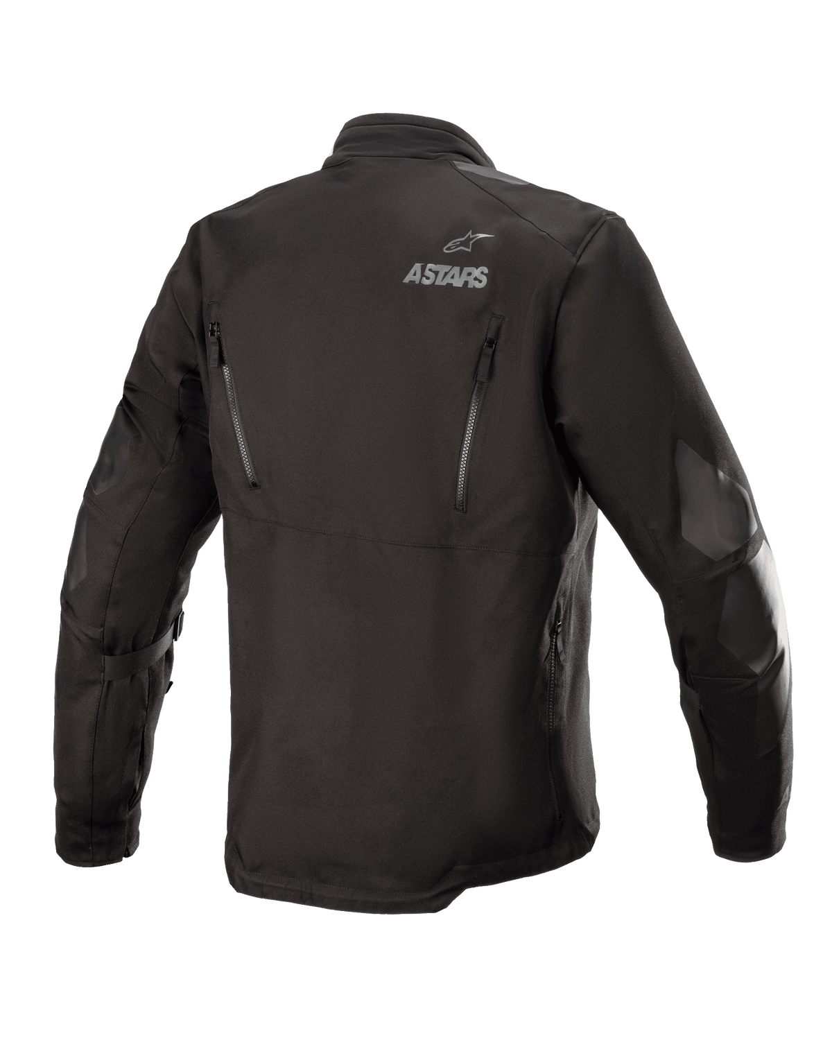 Alpinestars Venture XT Jacket, Black, Rear view of a textile adventure touring motorcycle jacket, featuring ASTARS branding on the shoulder, vertical ventilation zippers on the back, and PU film reinforcements on the arms.