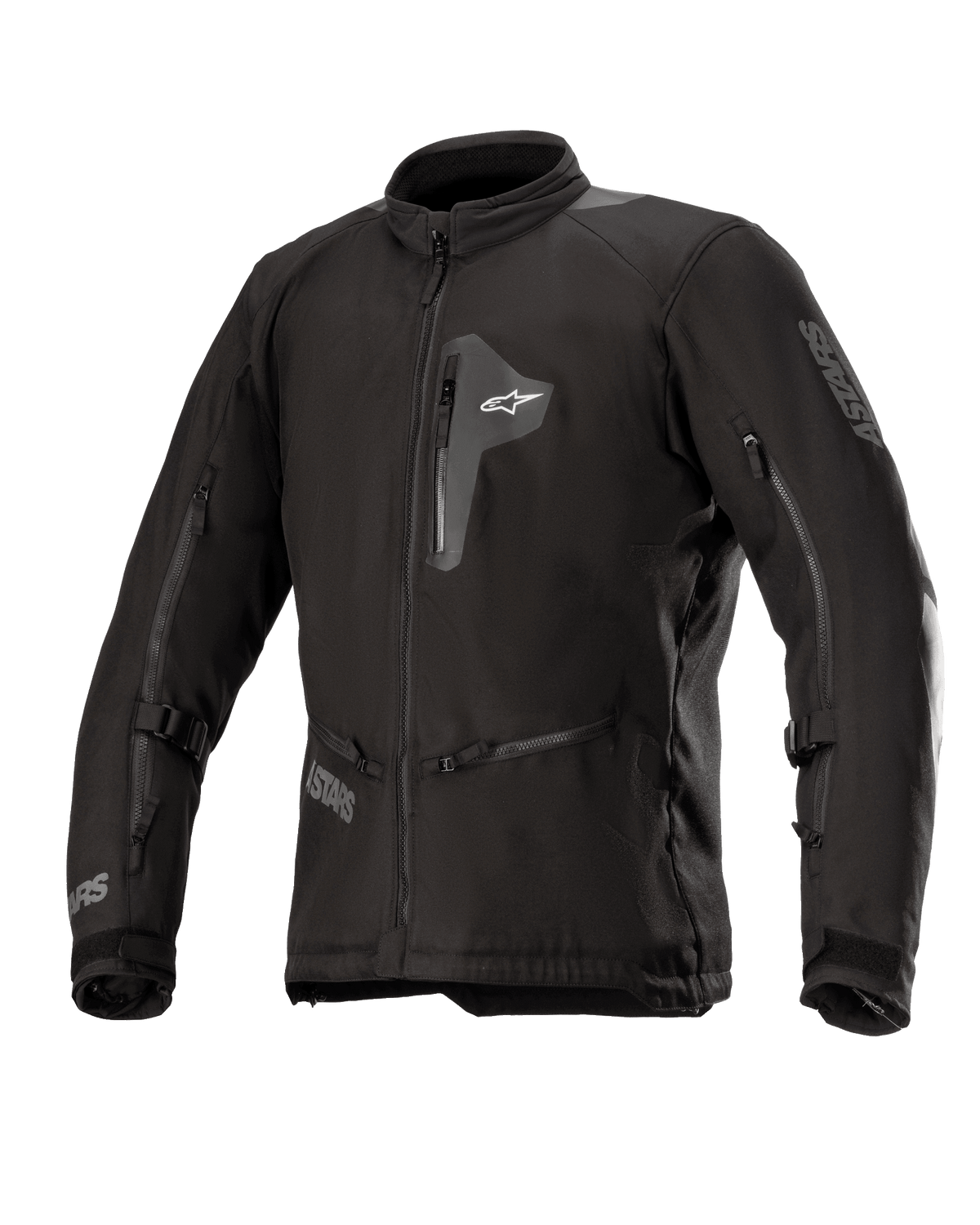 Alpinestars Venture XT Jacket, Black textile motorcycle jacket, front view showing zippered chest pocket and large sleeve vents, adjustable straps on arms, high collar, water-resistant construction for adventure touring.