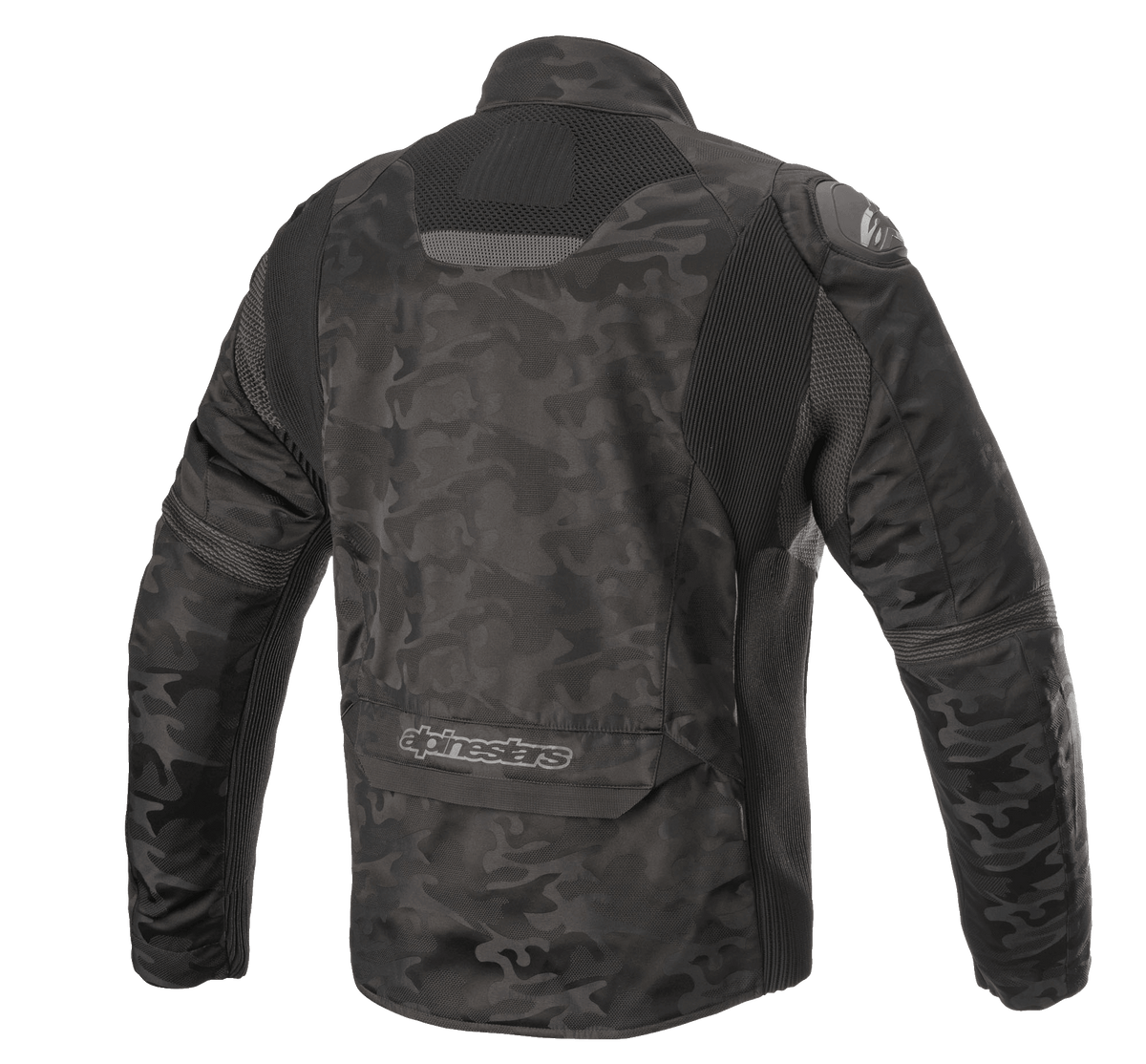 Alpinestars T SP-5 Rideknit® tekstiljakke, motorcykeljakke, Black Camo, set bagfra med strikkede stretch-paneler, camouflagemønster på slidstærkt tekstil, Alpinestars-branding på den nederste del af ryggen.