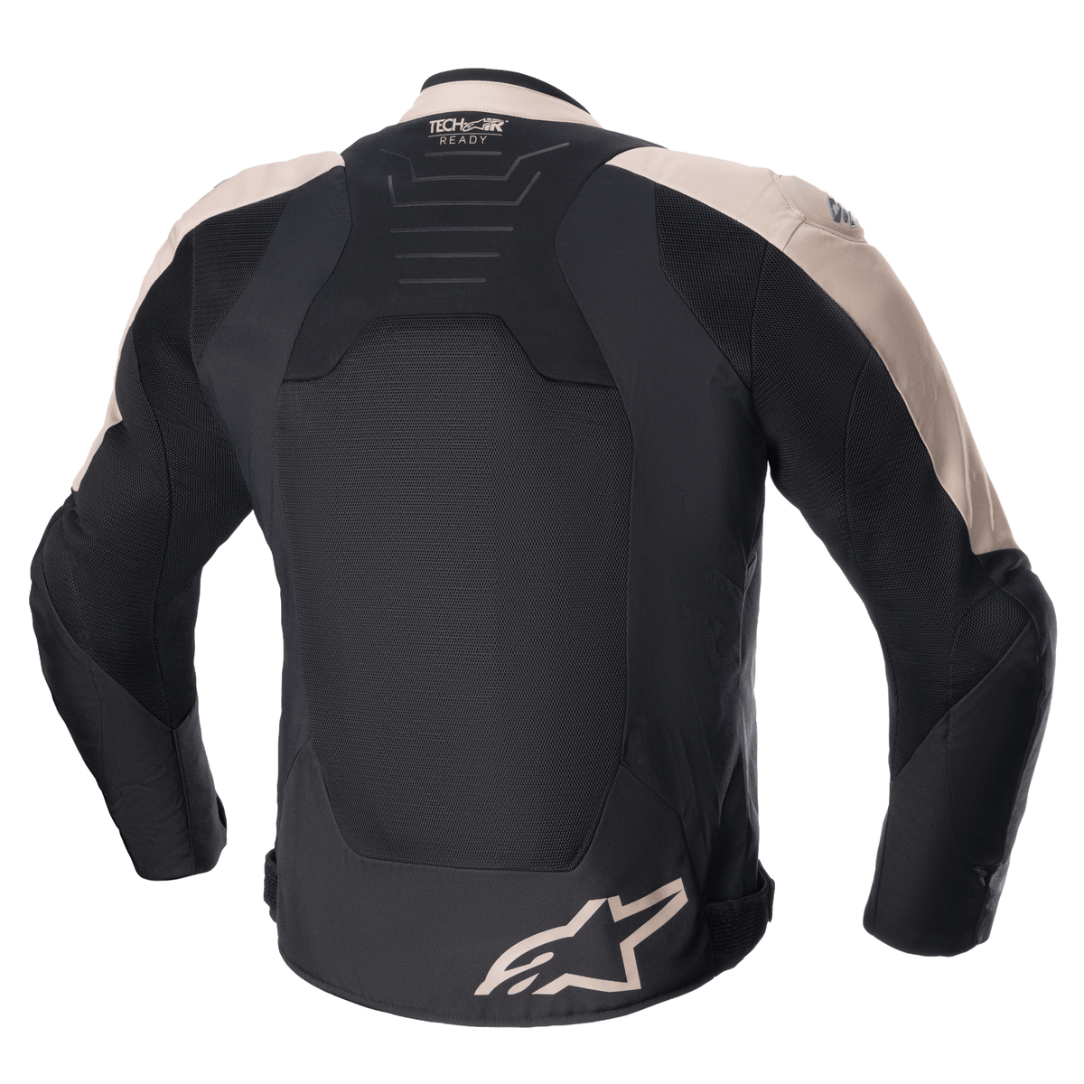 Alpinestars SMX Air jakke, motorcykel sportsjakke, lysebrun og sort, set bagfra med ventilerede tech-mesh-paneler, Tech-Air Ready-branding på den øvre ryg og Alpinestars-logo på den nederste kant.