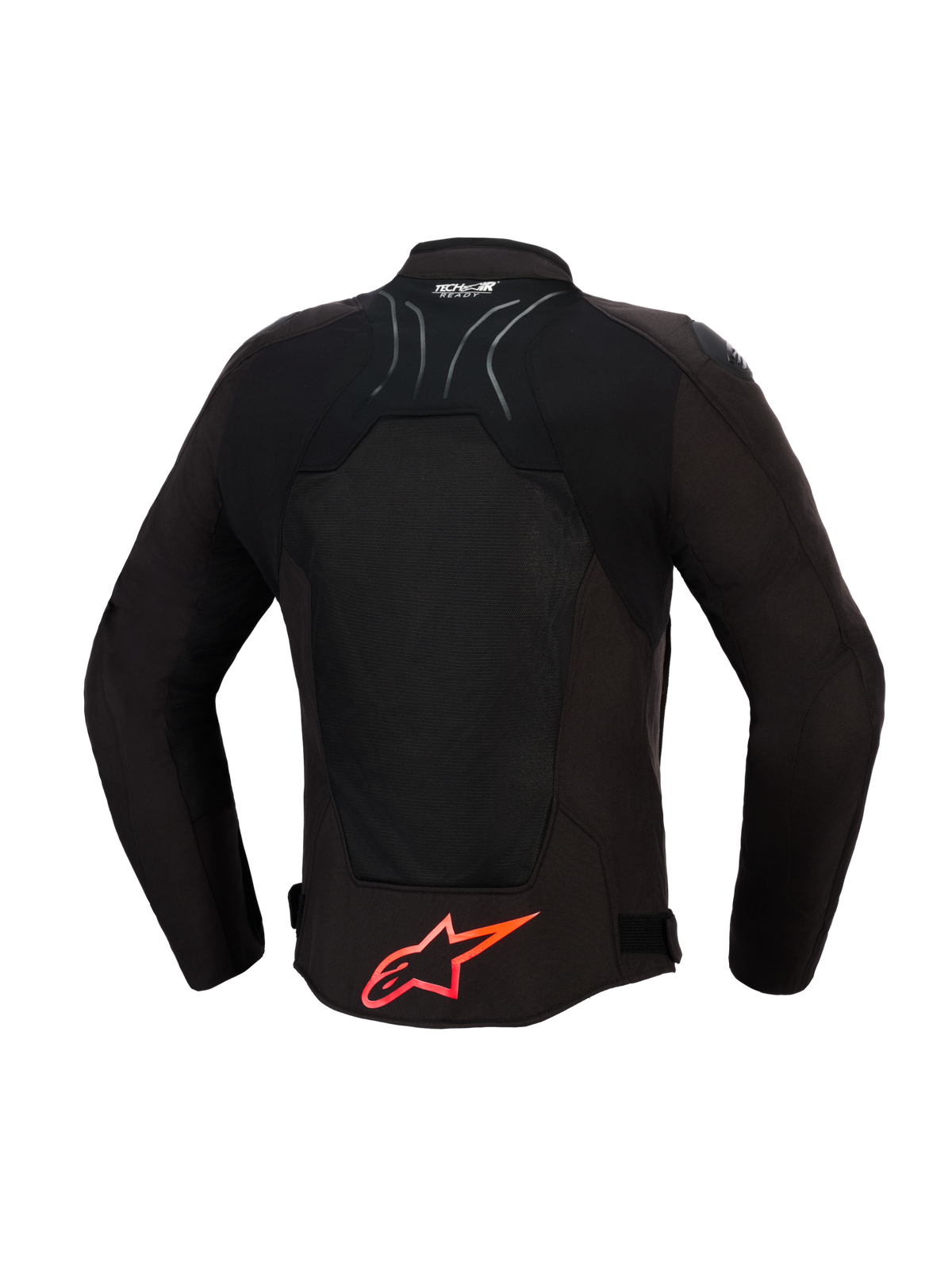 Alpinestars SMX Air Jacket, Motorcycle Jacket, Black with Bright Red details, back view showing tech mesh panels for airflow, large red Alpinestars logo on lower back, Tech-Air Ready logo on collar, sporty design for high-performance riding.