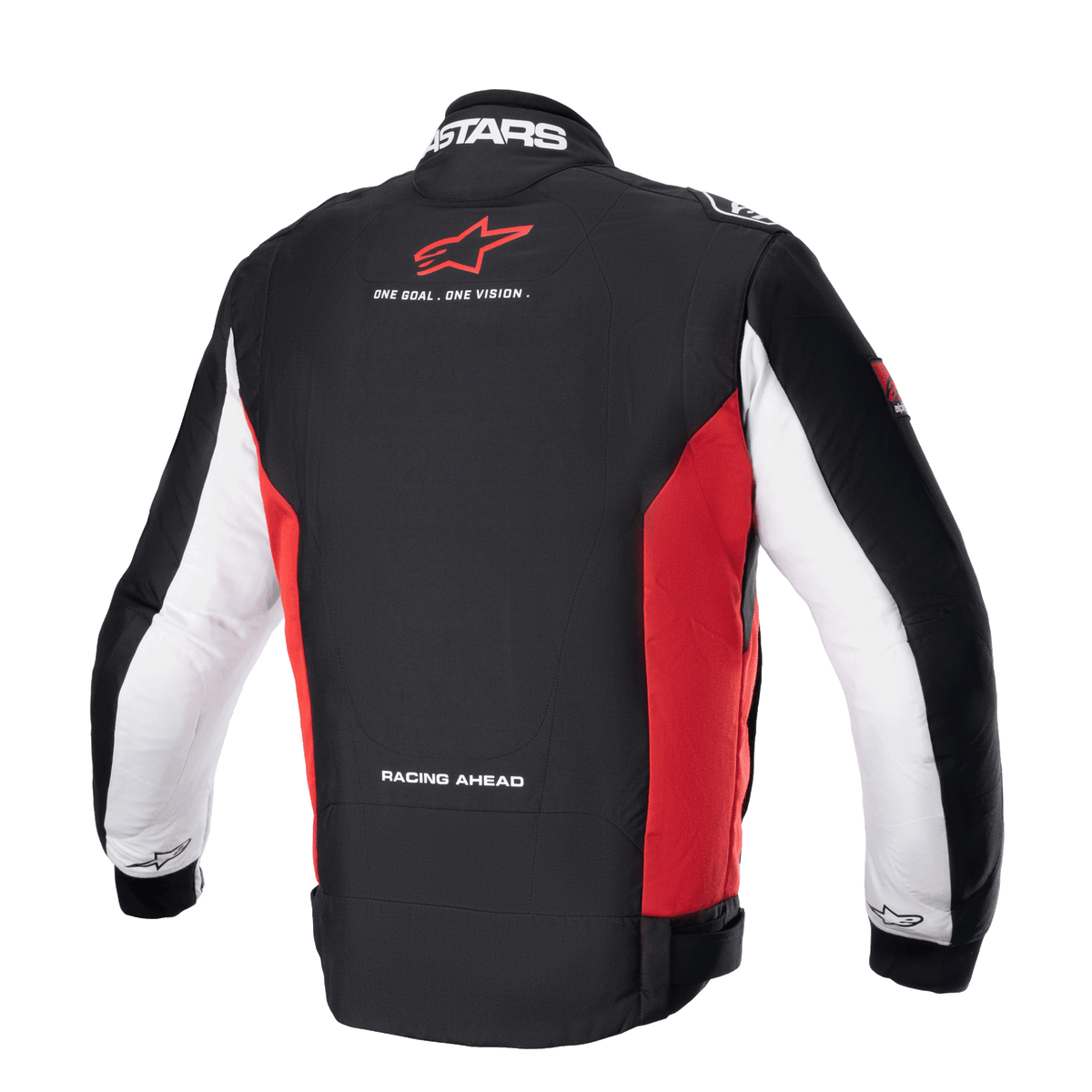 Alpinestars Monza Sport Jakke, herre-motorcykeltekstiljakke set bagfra, sort, stærk rød og hvid farvekombination med mærkeoplysninger og logo