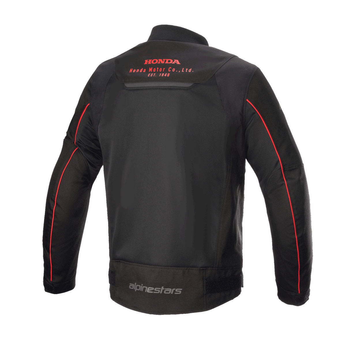 Alpinestars Honda Luc V2 Air Jacket, Black and Red, rear view showing breathable mesh panels, red Honda Motor Co. logo on the upper back, Alpinestars branding on the lower back, and red piping on the sleeves, urban motorcycle jacket