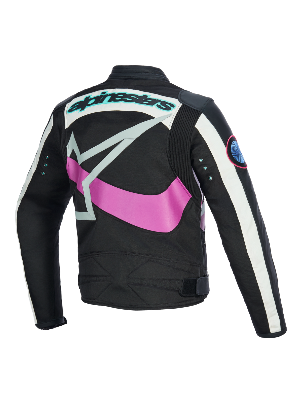 Alpinestars Idles Women's Jacket back view, Black with Off White and Purple, featuring a large pink wrap-around star logo, teal wordmark and metal eyelets on sleeves, vintage-inspired design with accordion panels for urban motorcycle riding