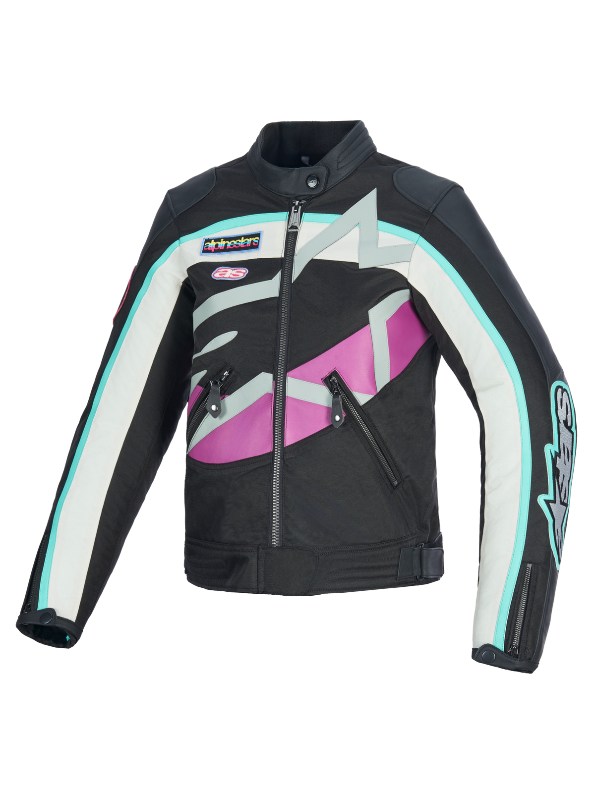 Alpinestars Idles Women’s Jacket, Motorcycle Jacket, Black Off White and Purple, featuring vintage racing-inspired design with bold wrap-around Alpinestars logo and branded patches, textile and leather construction, water-resistant urban riding gear